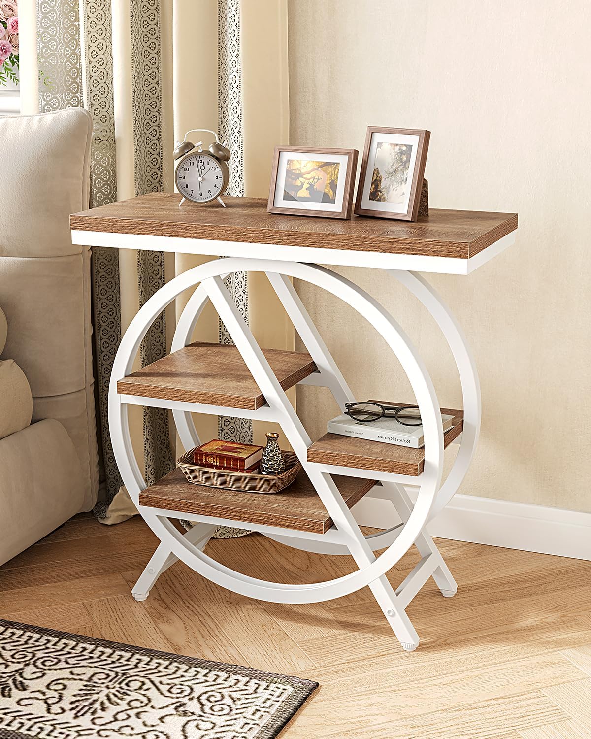 LITTLE TREE End Table, Narrow Side Table with 4-Tier Large Storage Space, Modern Bedside Table for Living Room, Home Office, Bedroom, Brown and White