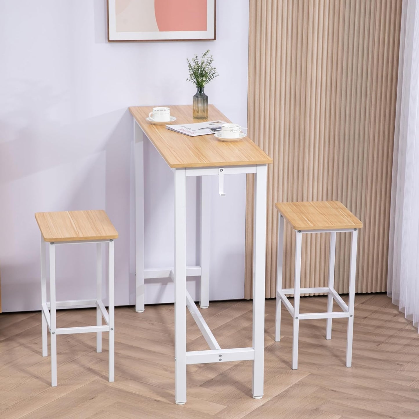 Finnhomy 47" Industrial Bar Table Set with 2 Stools - Counter Height Dining & Pub Table for Small Spaces, Kitchen, Apartment, Breakfast - Metal & Wood, Space-Saving Furniture - Oak Beige and White