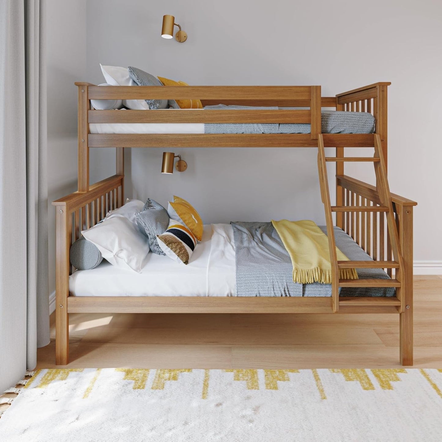 Max & Lily Bunk Bed Twin Over Full Size with Ladder, Solid Wood Platform Bed Frame with Ladder for Kids, 14" Safety Guardrails, Easy Assembly, No Box Spring Needed, Pecan