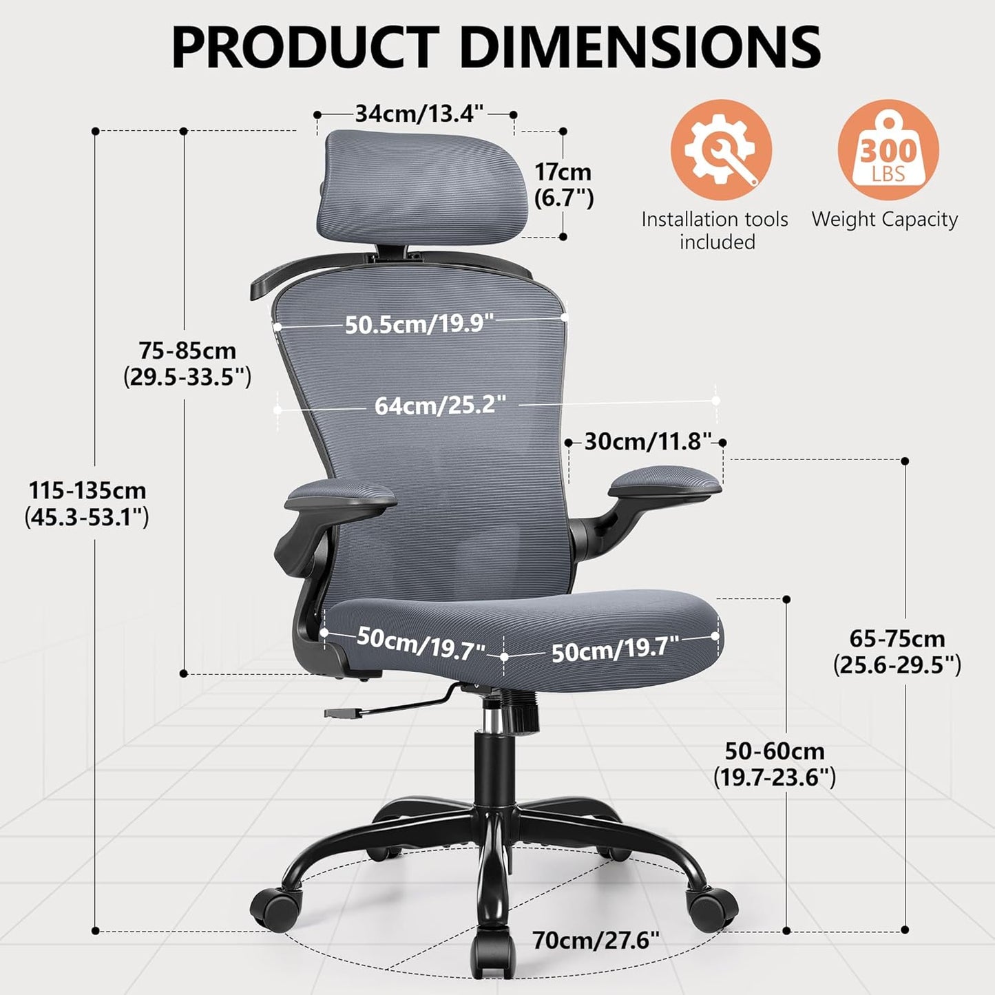 FelixKing Ergonomic Office Desk Chair with Headrest, Adjustable Lumbar Support, Height and Swivel, Comfy Task Chair with Flip-up Armrests, Ergo Mesh Backrest for Working Dark Gray