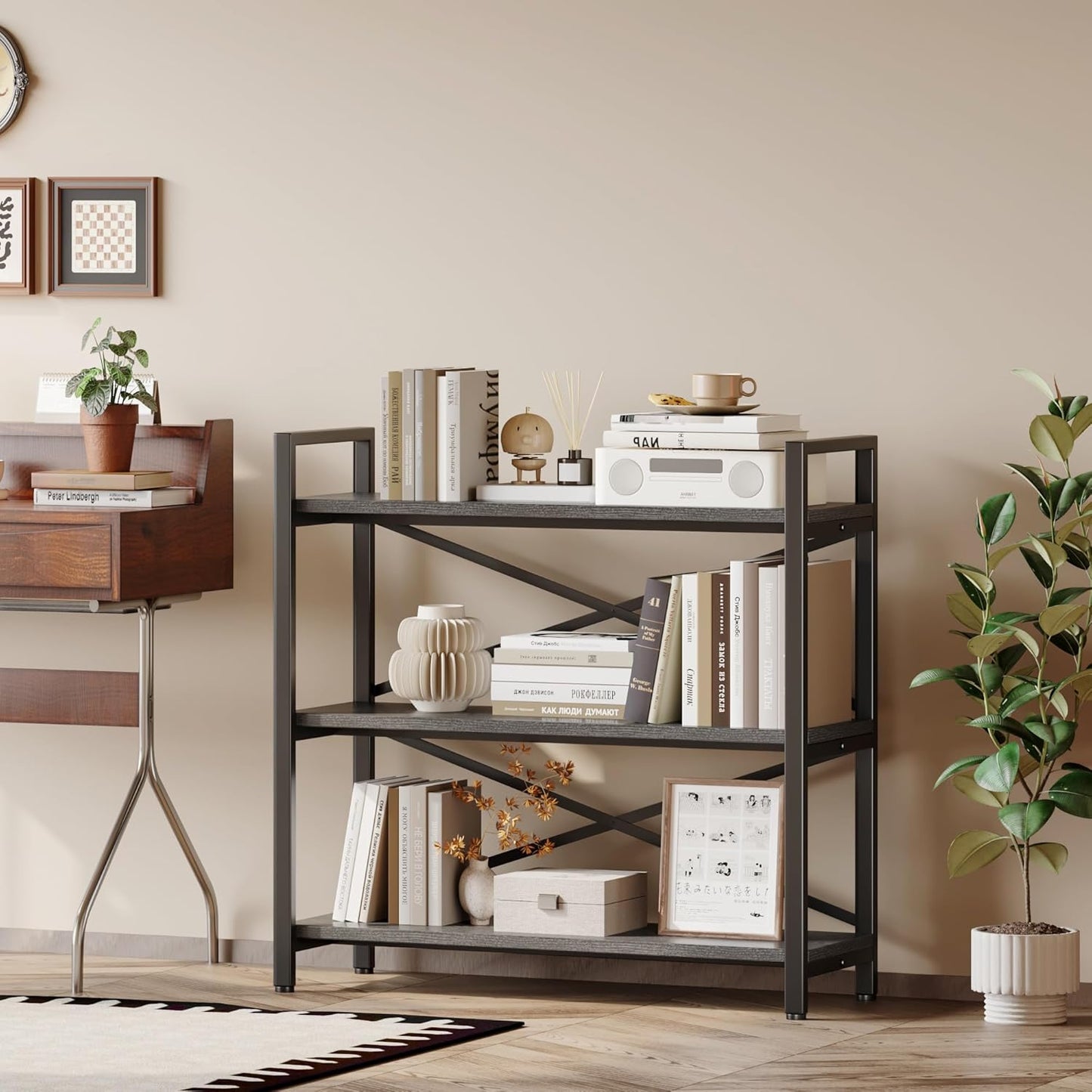 Homeiju 3 Tier Bookshelf 31.49" Width, Wood and Metal Etagere Bookcase, Vintage Farmhouse Modern Wooden Big Book Shelf for Home Living Room Bedroom Office Storage(Grey)