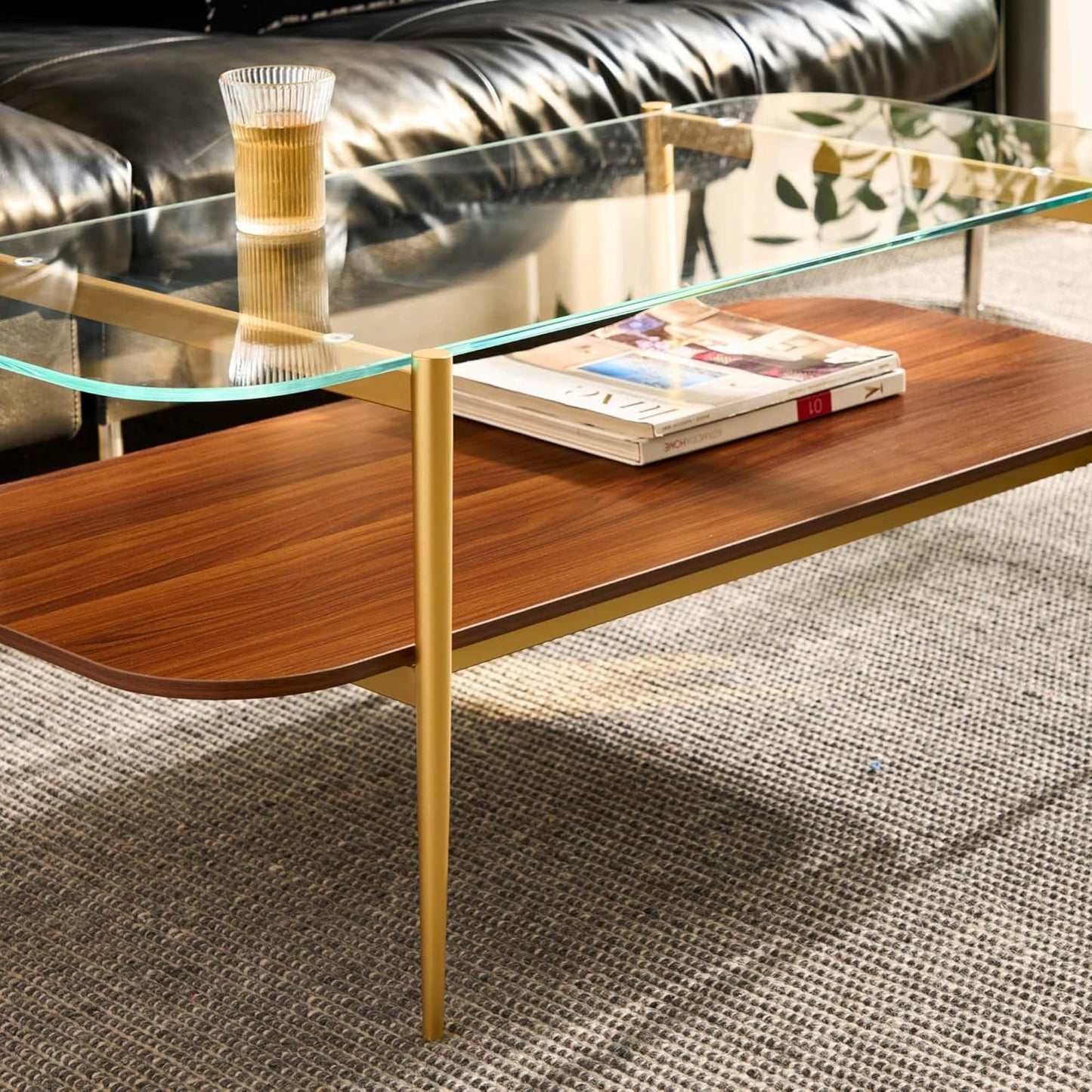 AGV LIGHTING Tadio Glass Coffee Table, Mid-Century Modern Coffee Table for Living Room, Gold Finish Leg, Clear Glass Top & Walnut Brown Shelf, Rounded Corners