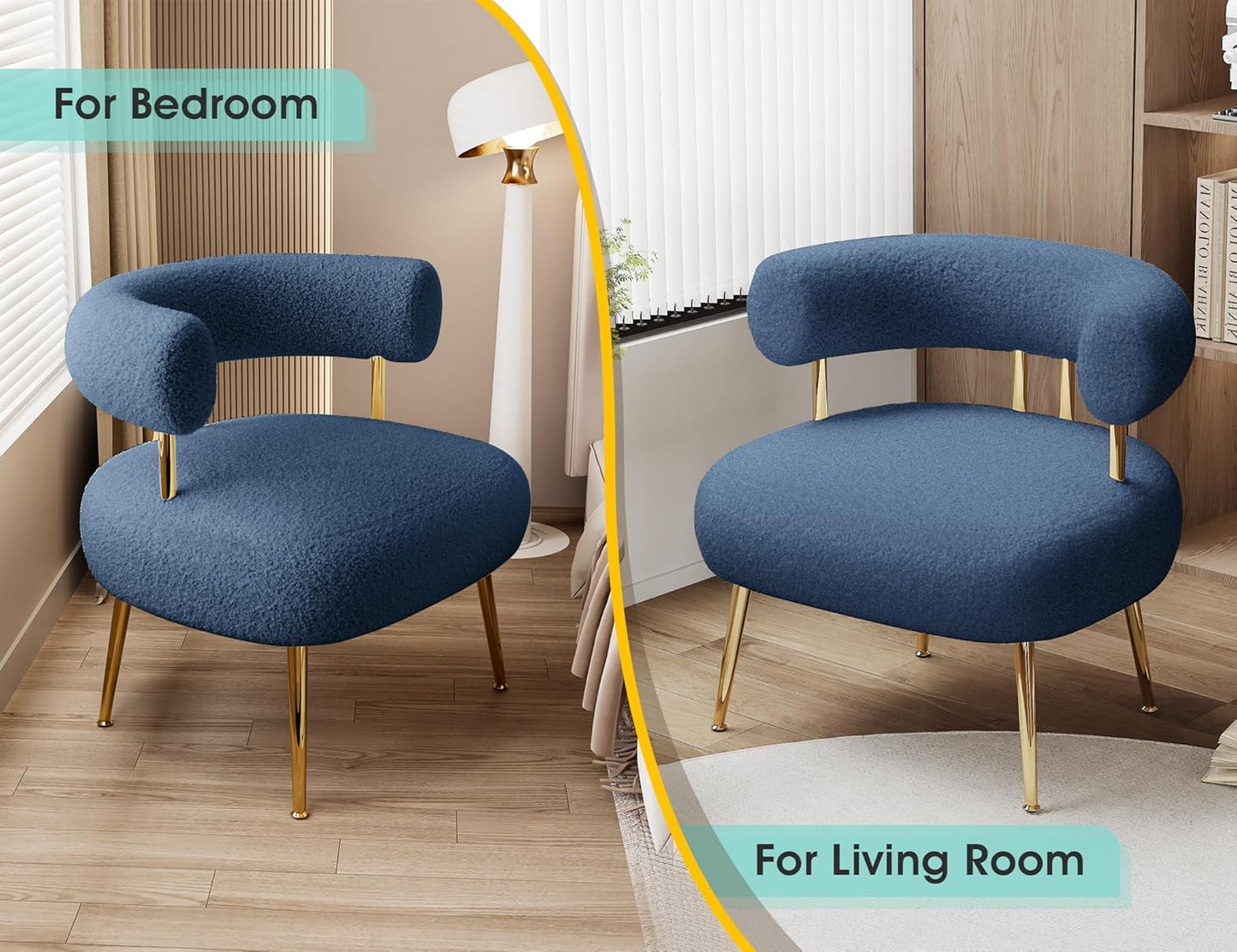 Mid Century Sherpa Boucle Accent Chair, Round Upholstered Barrel Arm Chair for Small Spaces, Fluffy Side Corner Sofa Chair for Living Room, Bedroom, Vanity, Office, Reading Nook(Navy Blue)