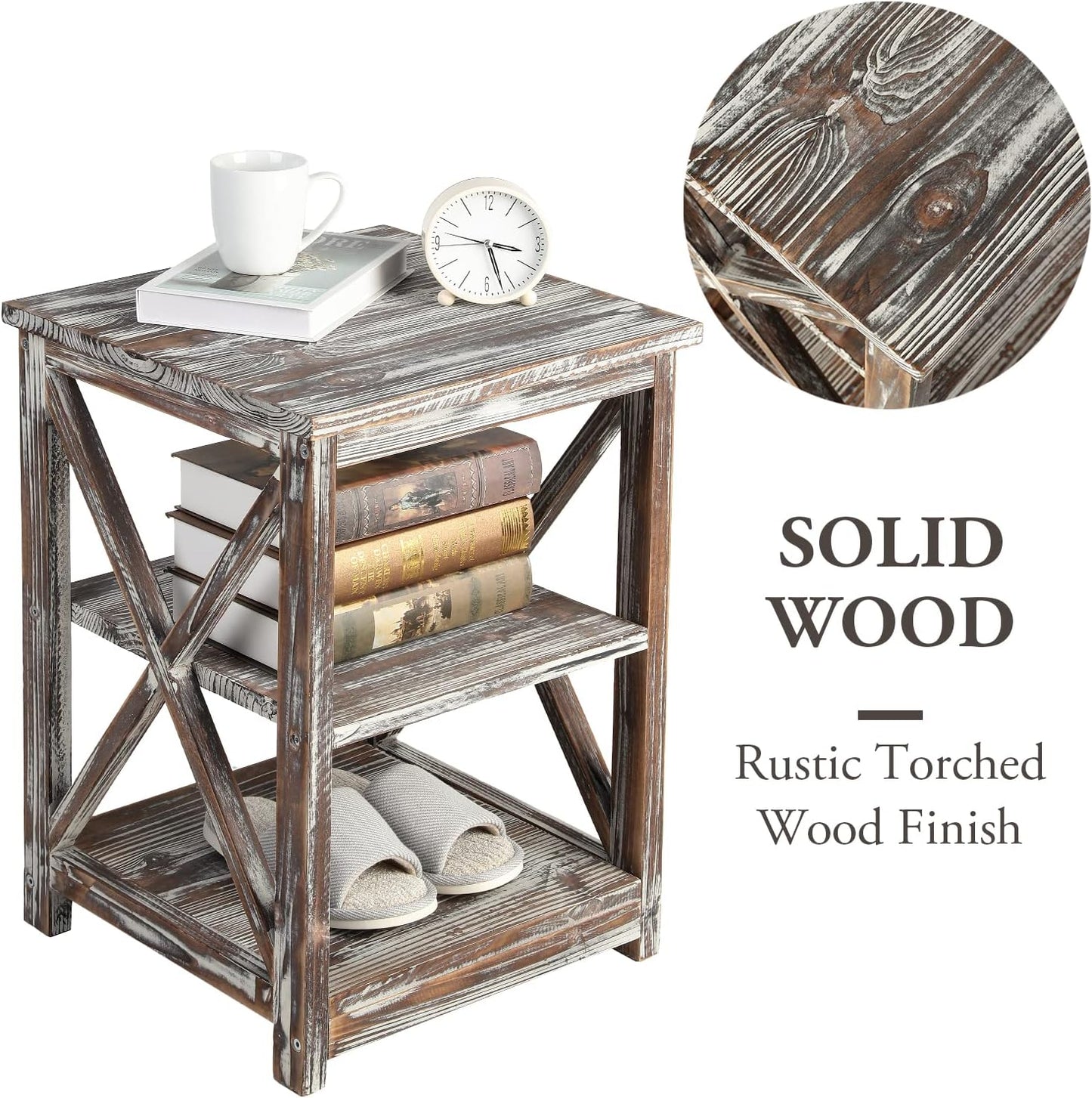 MyGift 24 Inch Tall End Table, Rustic Torched Solid Wood Living Room Accent Side Table with 3 Tier Display Shelf, Wooden X Design Bedroom Nightstand Square Storage Shelves