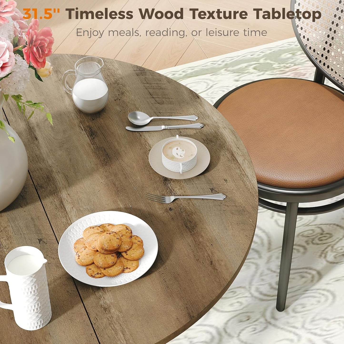 Unovivy 31.5" Small Round Dining Table for 2-4, Space Saving Circle Kitchen Dinner Table, Industrial Mid Century Modern Dining Room Desk for Kitchen, Apartment, Natural Oak