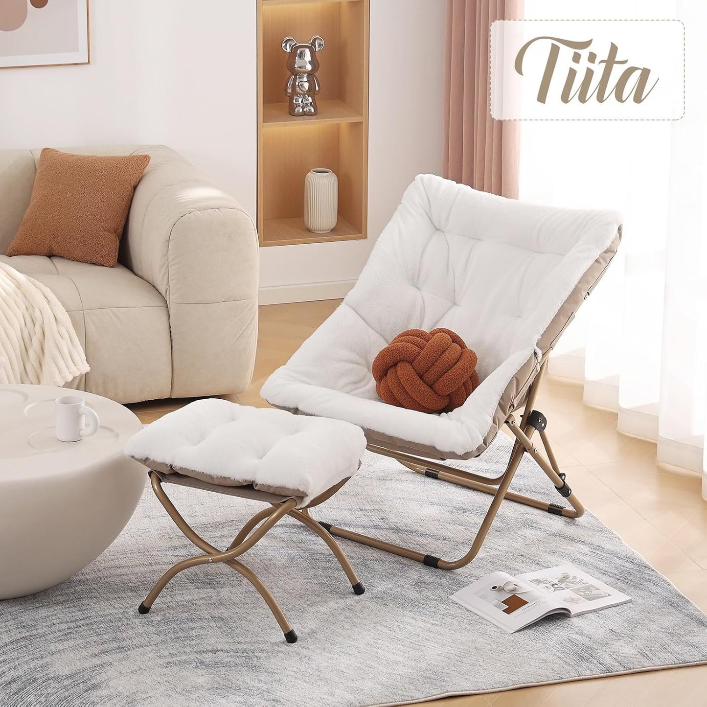 Tiita Folded Chair with Ottoman, Soft Faux Fur Oversized Folding Accent Chair,Lounge Lazy Chair, Metal Frame Moon Chair for Bedroom, Living Room, Dorm Rooms, Garden and Courtyard