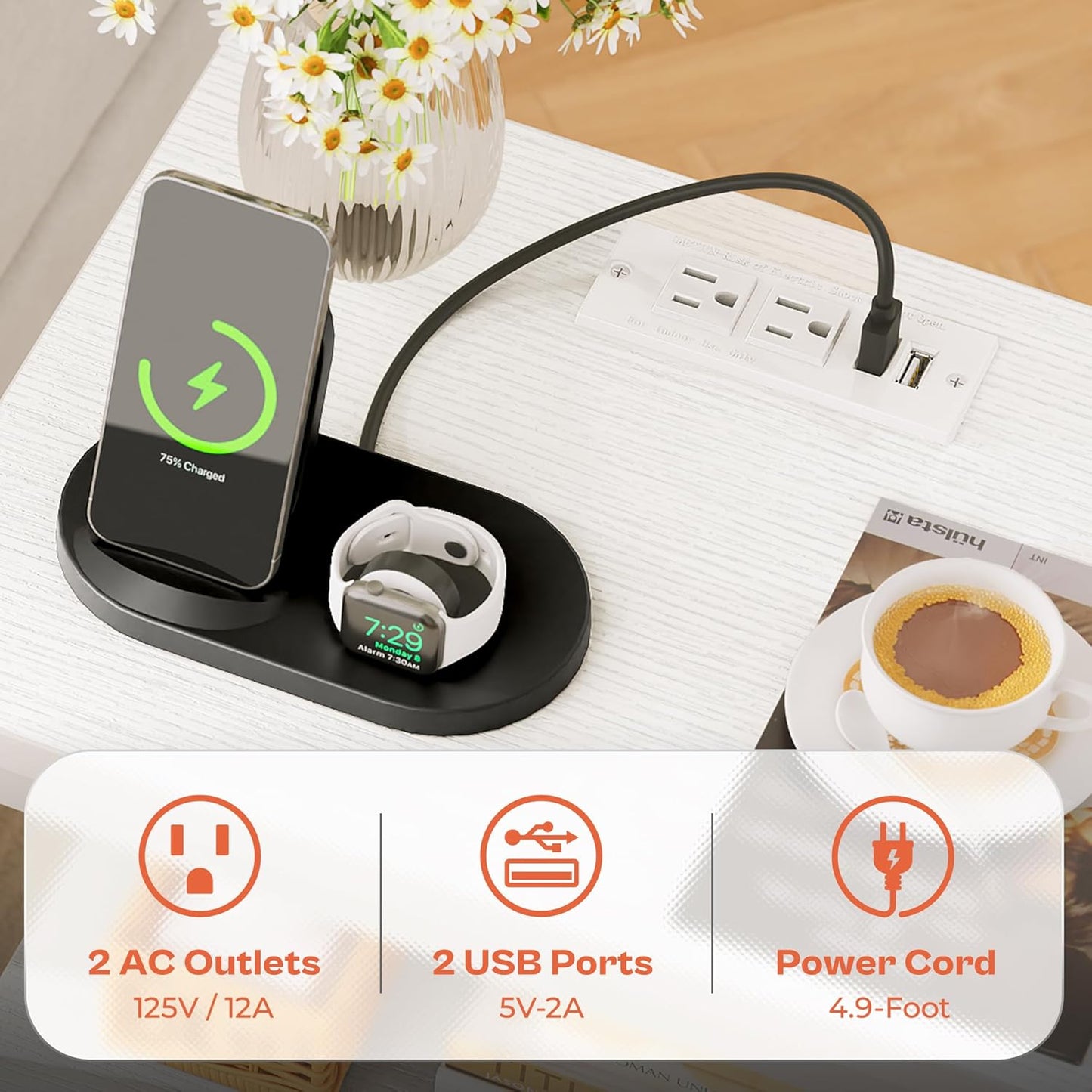 SUPERJARE Nightstand Set of 2, Bed Side Tables with Charging Station, Adjustable Fabric Drawer, Night Stand for Bedroom, 3-Tier Storage End Tables, White, 8694WC