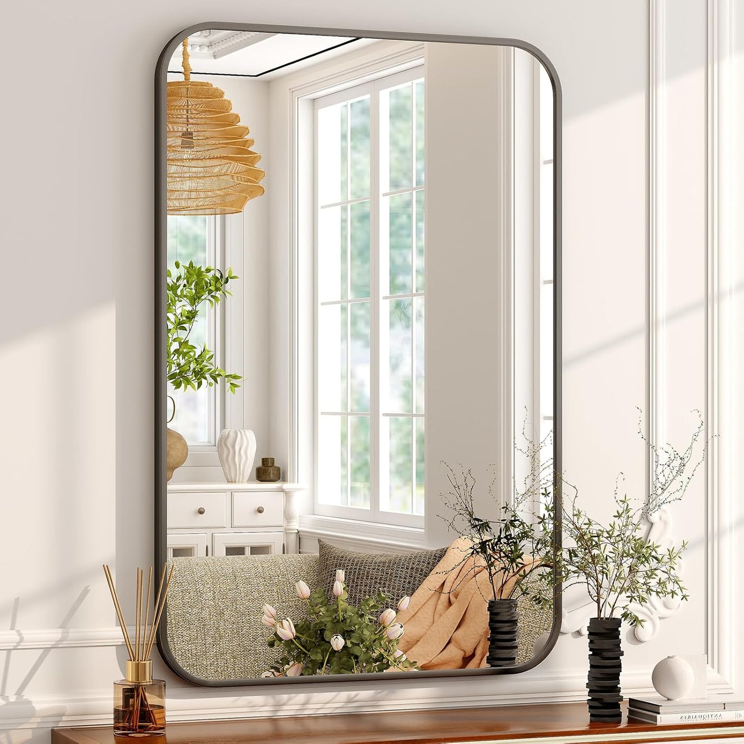 24 x 36 Inch Bathroom Mirror, Rounded Rectangular Vanity Mirror for Wall, Modern Mirror for Room Decor, Black Framed Wall-Mounted Mirrors for Home Decor, Hangs Horizontally or Vertically