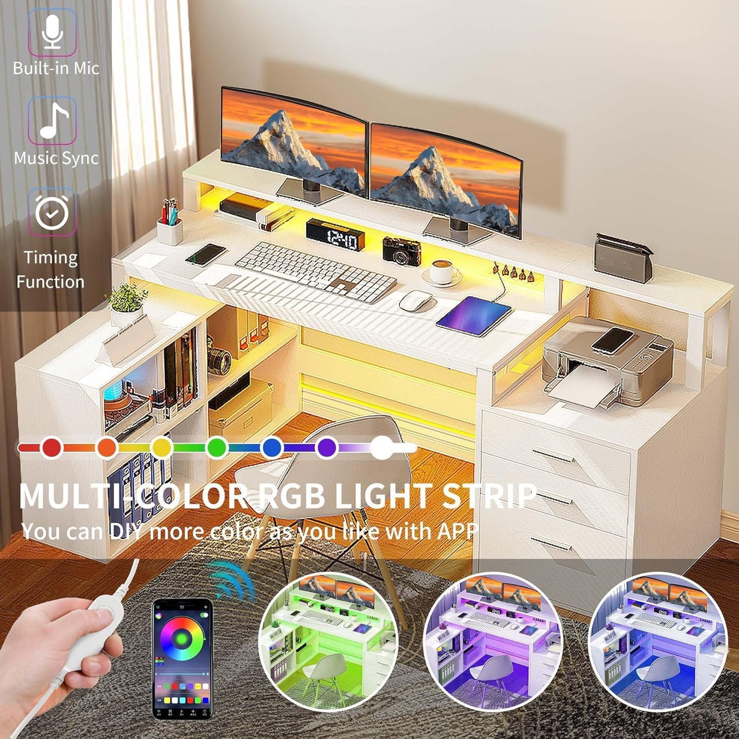 DWVO L Shaped Desk with Drawers, 65" Computer Desk with Power Outlets & LED Lights, Corner Home Office Desk with Storage Shelves & Printer Stand, White