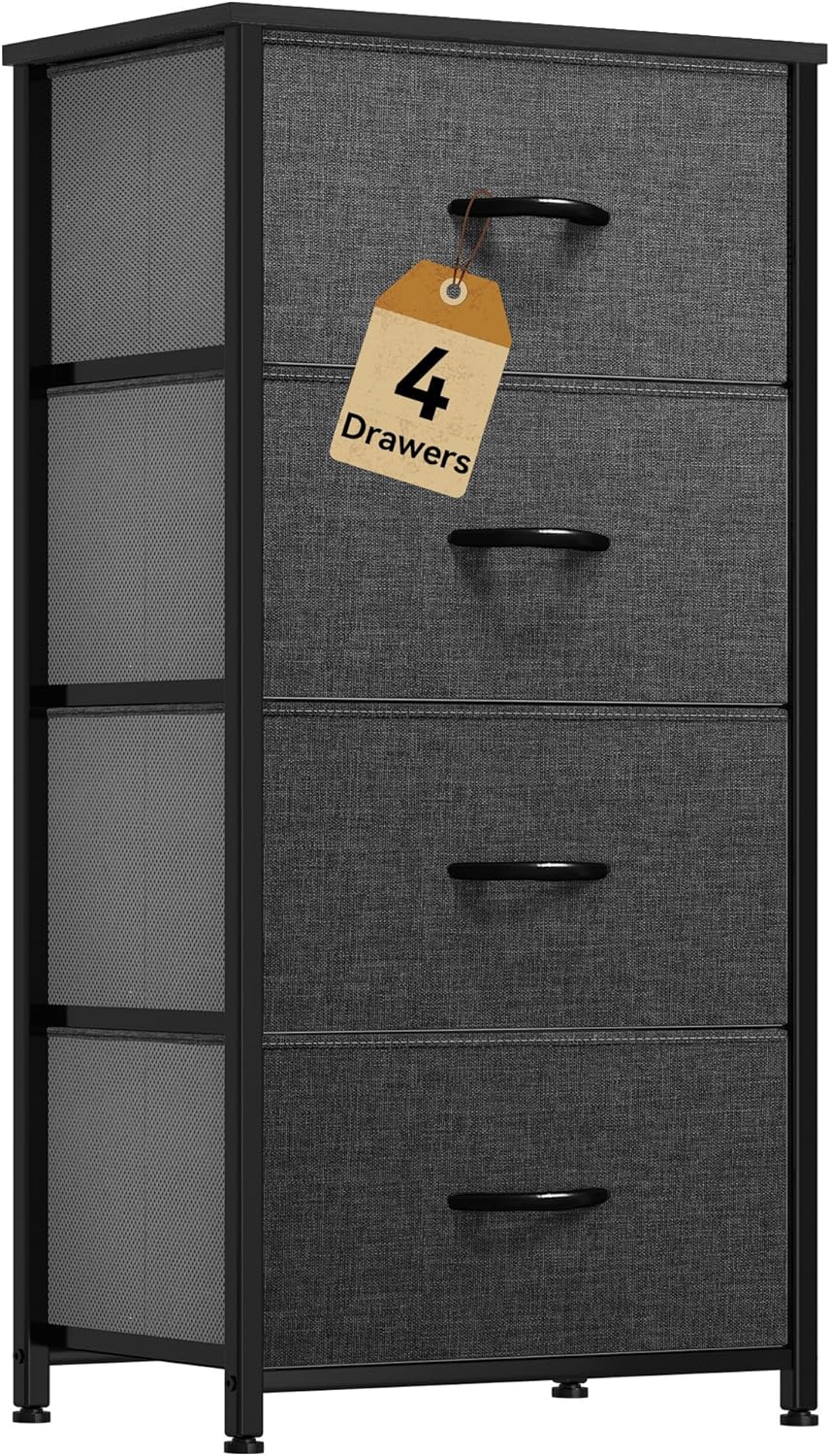 DWVO Storage Tower with 4 Drawers - Fabric Dresser, Organizer Unit for Bedroom, Living Room, Closets - Sturdy Steel Frame, Easy Pull Fabric Bins & Wooden Top