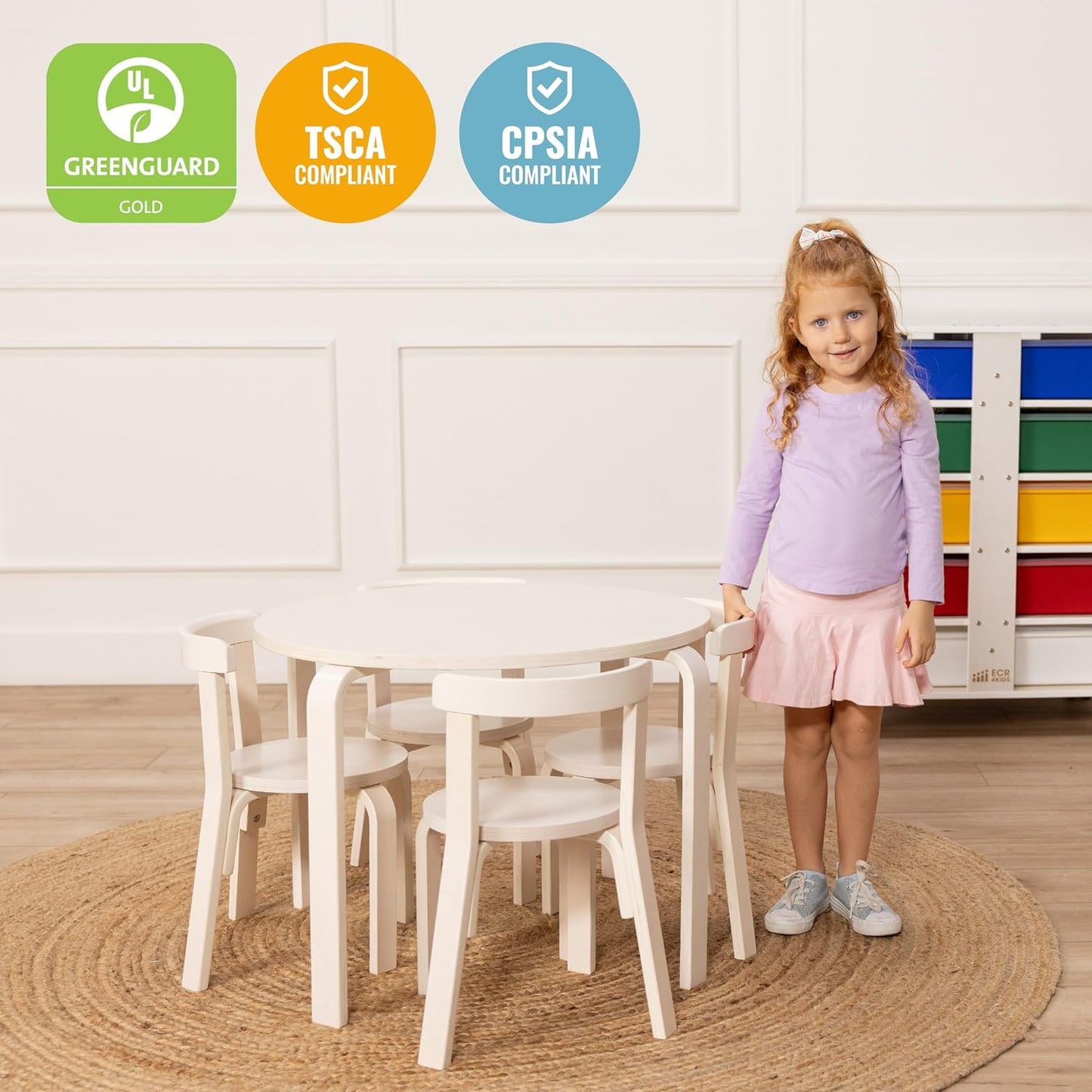 ECR4Kids Bentwood Round Table and Curved Back Chair Set, Kids Furniture, White Wash, 5-Piece