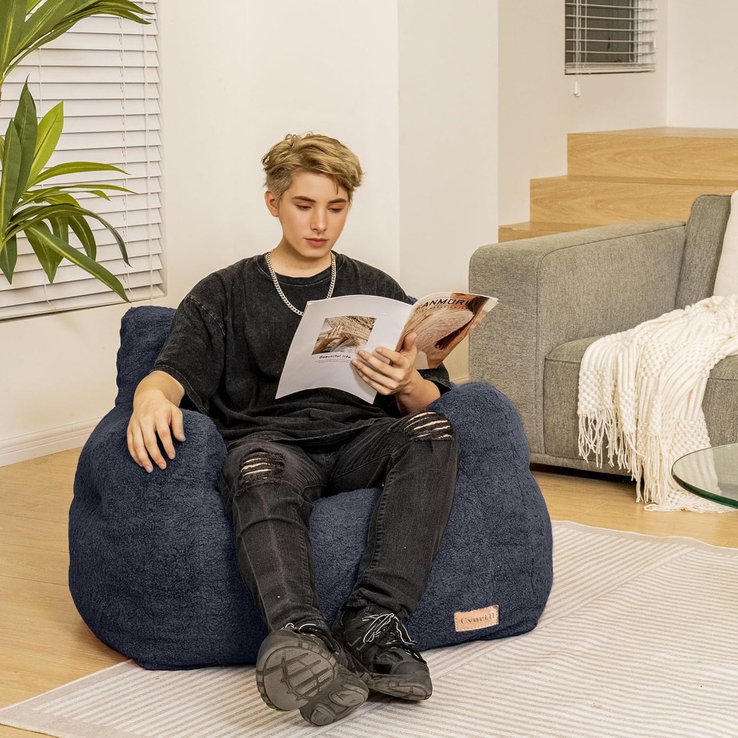 Bean Bag Chair with Filler, Bean Bag Sofa with Tufted Soft Stuffed Filling, Fluffy and Lazy Sofa, Comfy Cozy BeanBag Chairs with Memory Foam for Dorm, Apartment, Living Room (Blue)