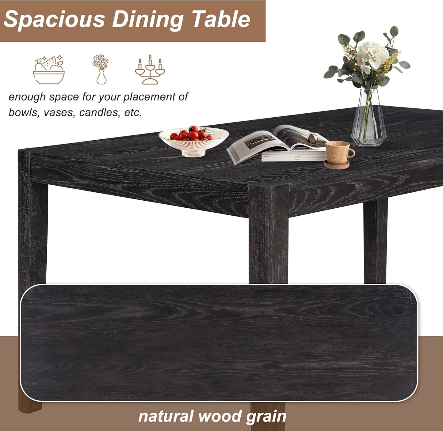 Merax 7 Pieces Retro Dining Set for 6, Rectangular Wood Dining Table with 6 Upholstered Chairs for Kitchen, Living Room, Espresso