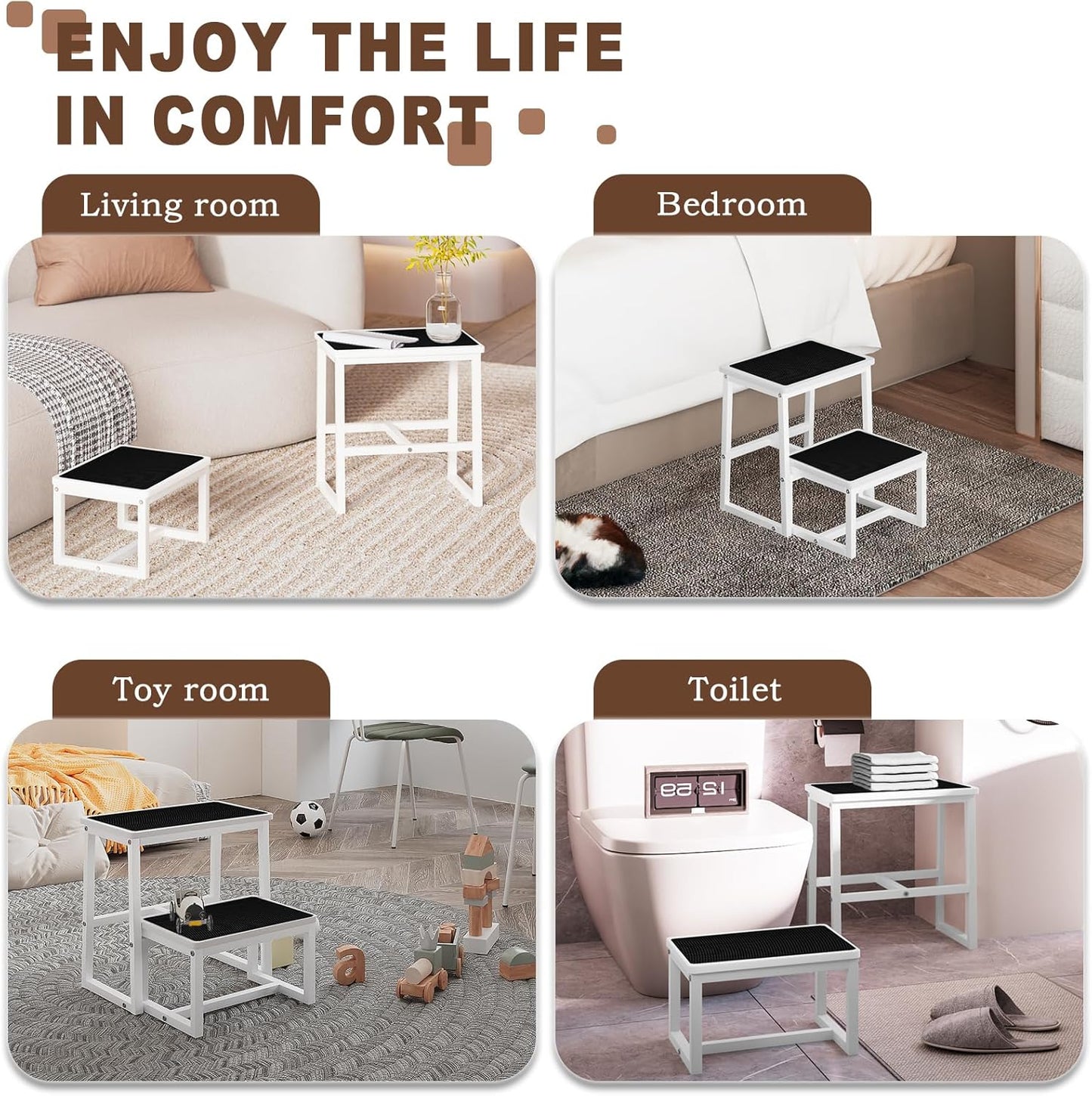 2 Step Stools for Adults Kids, Anti-Slip Sturdy Wooden Foot Stools with 500 Lbs Capacity for High Beds,Closet, Bathroom,Kitchen, Potty Training