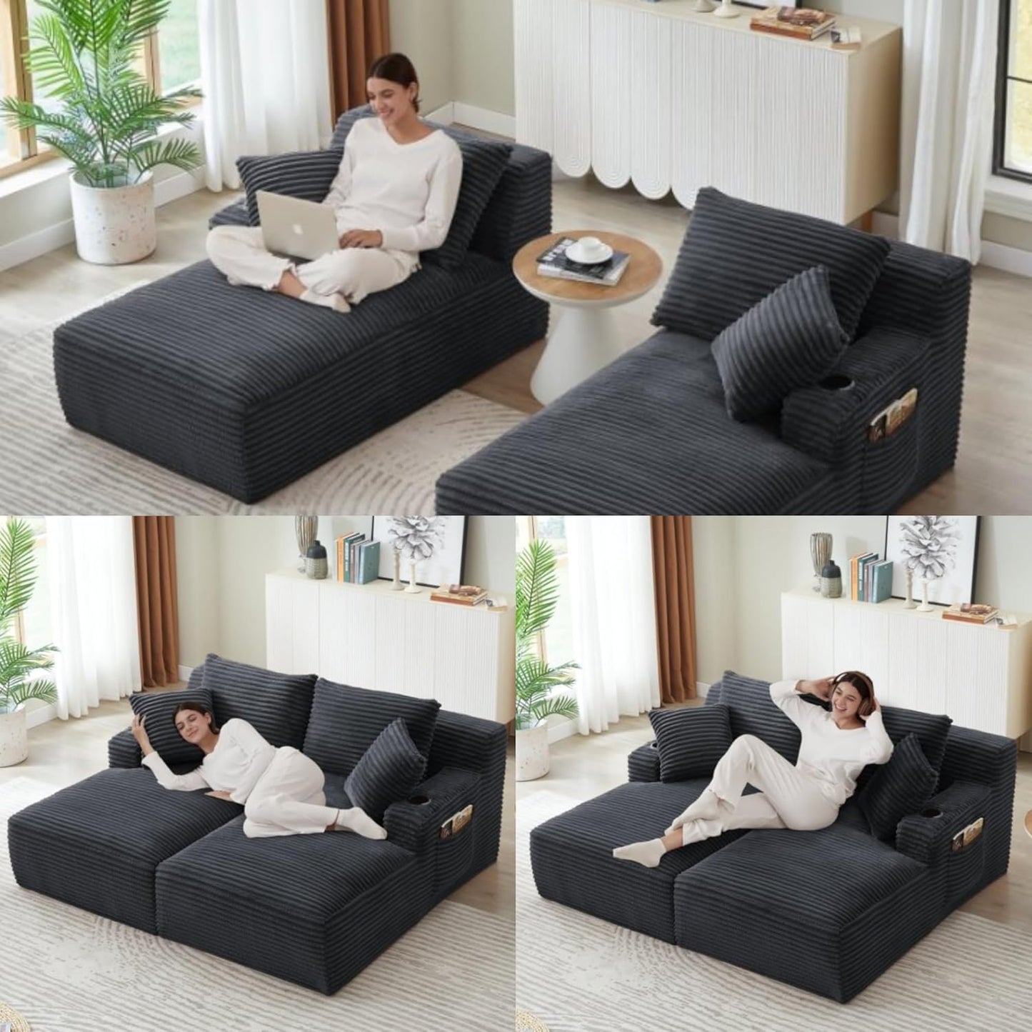 Oversized Sectional Double Chaise Lounge, Compressed Boneless Lounge Chaise with Cupholders, Boneless Sofa with Deep Seat, Fluffy Modern Sleeper Loveseat for Indoor Living Room, Dark Grey