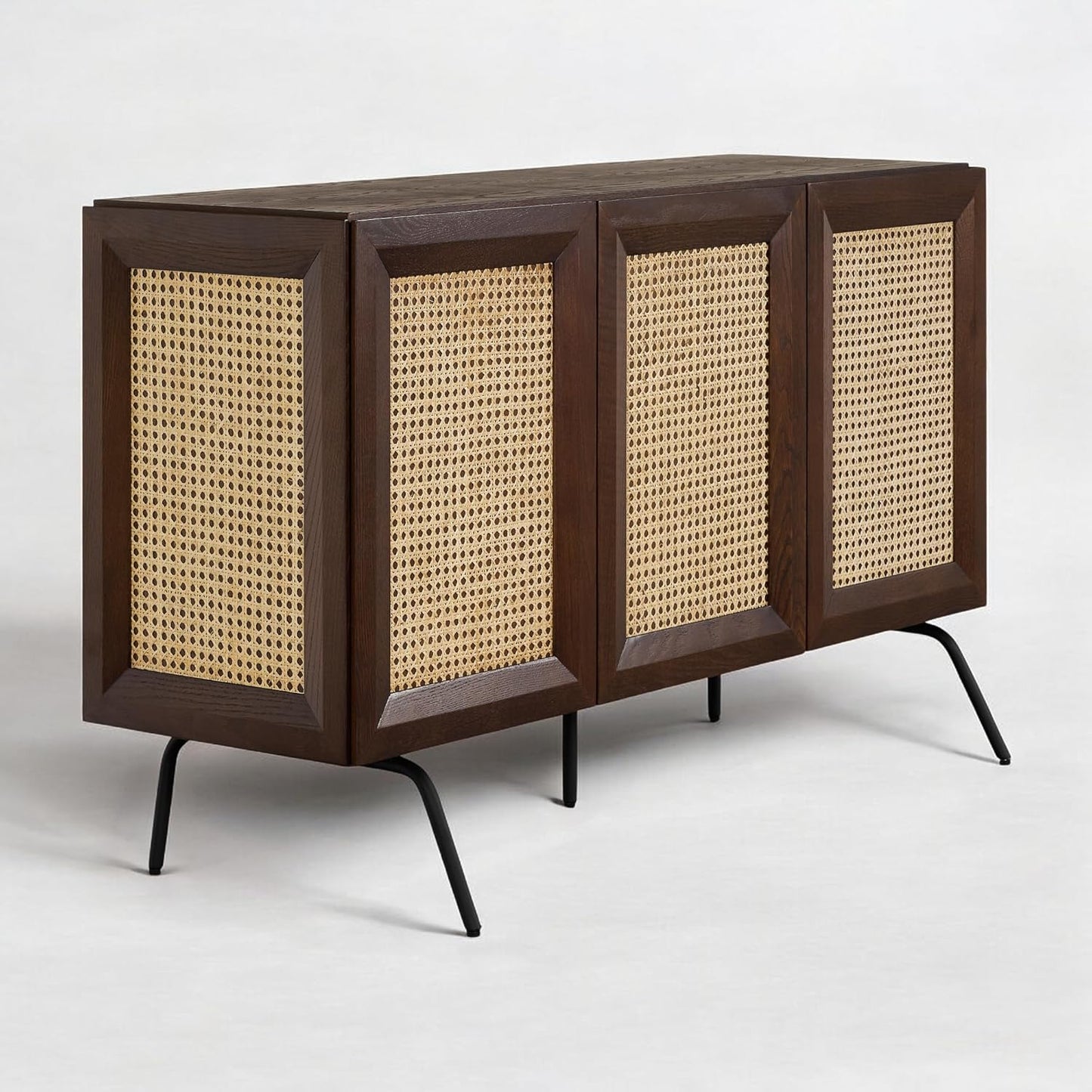 NTC MOSSIC Modern Sideboard with 3 Doors, Natural Rattan Storage Cabinet, Buffet with Metal Legs, Boho Accent Cabinet for Living Room, and Entryway, Effortless Assembly - Dark Walnut