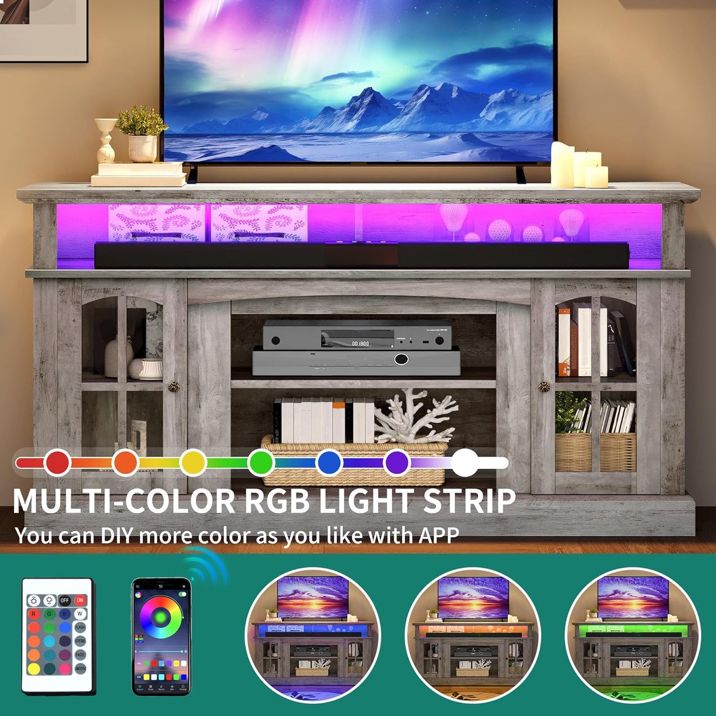 YITAHOME LED Farmhouse TV Stand for 65 Inch w/Outlets, Modern Entertainment Center with Glass Doors and Adjustable Storage Shelves, Media Console TV Cabinet for for Living Room, Grey