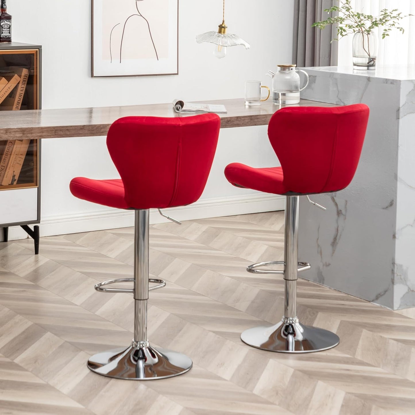 Roundhill Furniture Ellston Velvet Adjustable Swivel Barstools in Red, Set of 2
