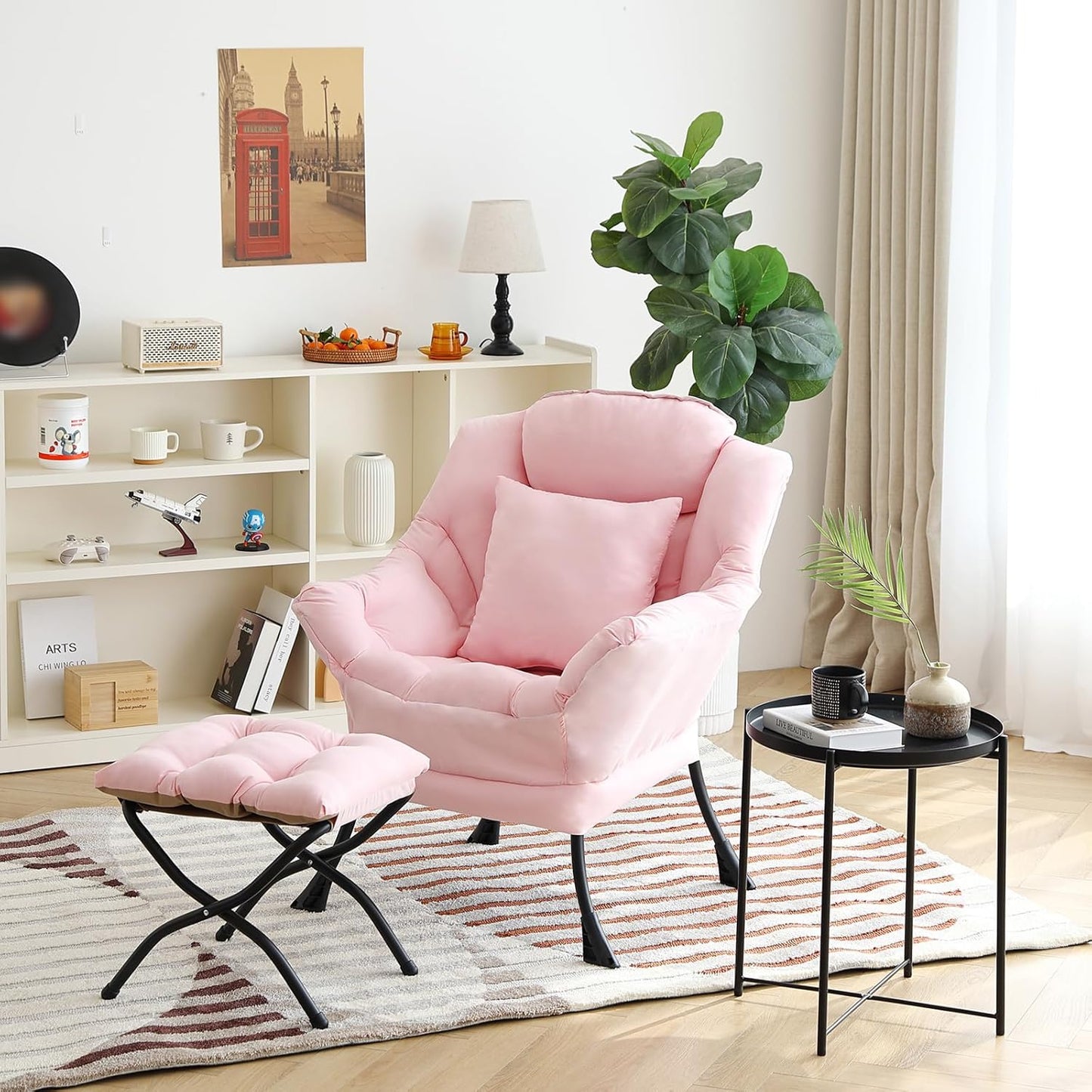 Lazy Chair with Ottoman, Comfy Reading Lounge Chair with Footstool & Throw Pillow Modern with Armrests & Side Pocket for Living Room, Bedroom, Dorm Room, Pink