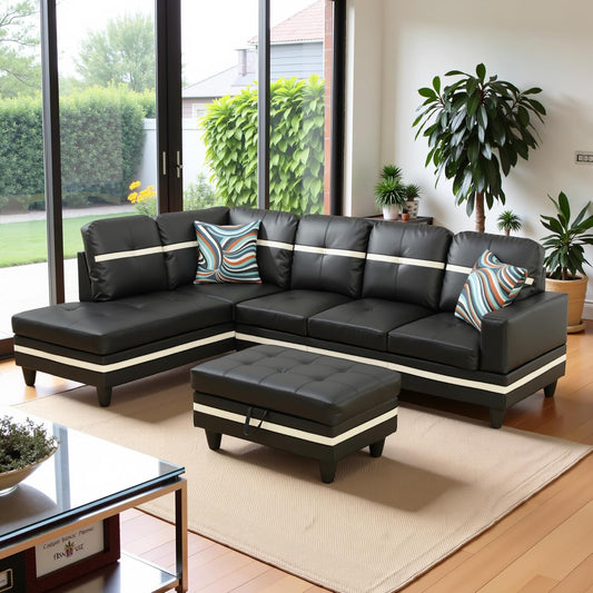 103.5" Oversized Sectional Couch, L Shaped Couch with Storage Ottoman, Modern Modular Sofa with Deep Seat, Sectional Couches for Living Room and Office, Black and White (PU Leather)