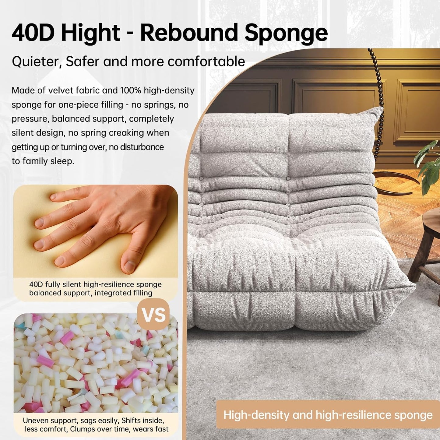 Bean Bag Chairs for Adults, Memory Foam Couch Loveseat Sofa Chair, Soft Teddy Material Cozy Comfy Reading Nook Chairs, Floor Chair for Living Room Bedroom Office(Grey)