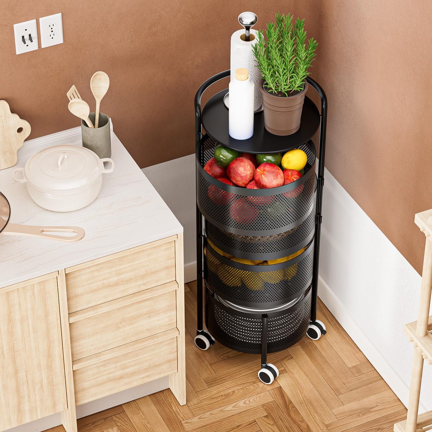 Kitchen Storage Rack No Assembly, 4-Tier Metal Storage Tower Cart Organizer on Rolling Wheels with Removal Basket for Fruit Vegetable Grocery Corns Potato Onion,Fruteros Para Cocina (4-Tier, Black)