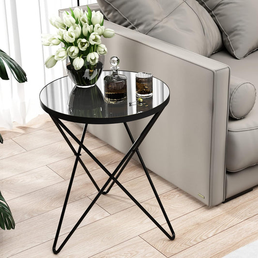 HLR Modern Round Side Table, End Table with Marble Effect Top and Gold Metal Frame, Small Side Table for Living Room, Bedroom, Sofa and Couch, Black Legs, Mirror top