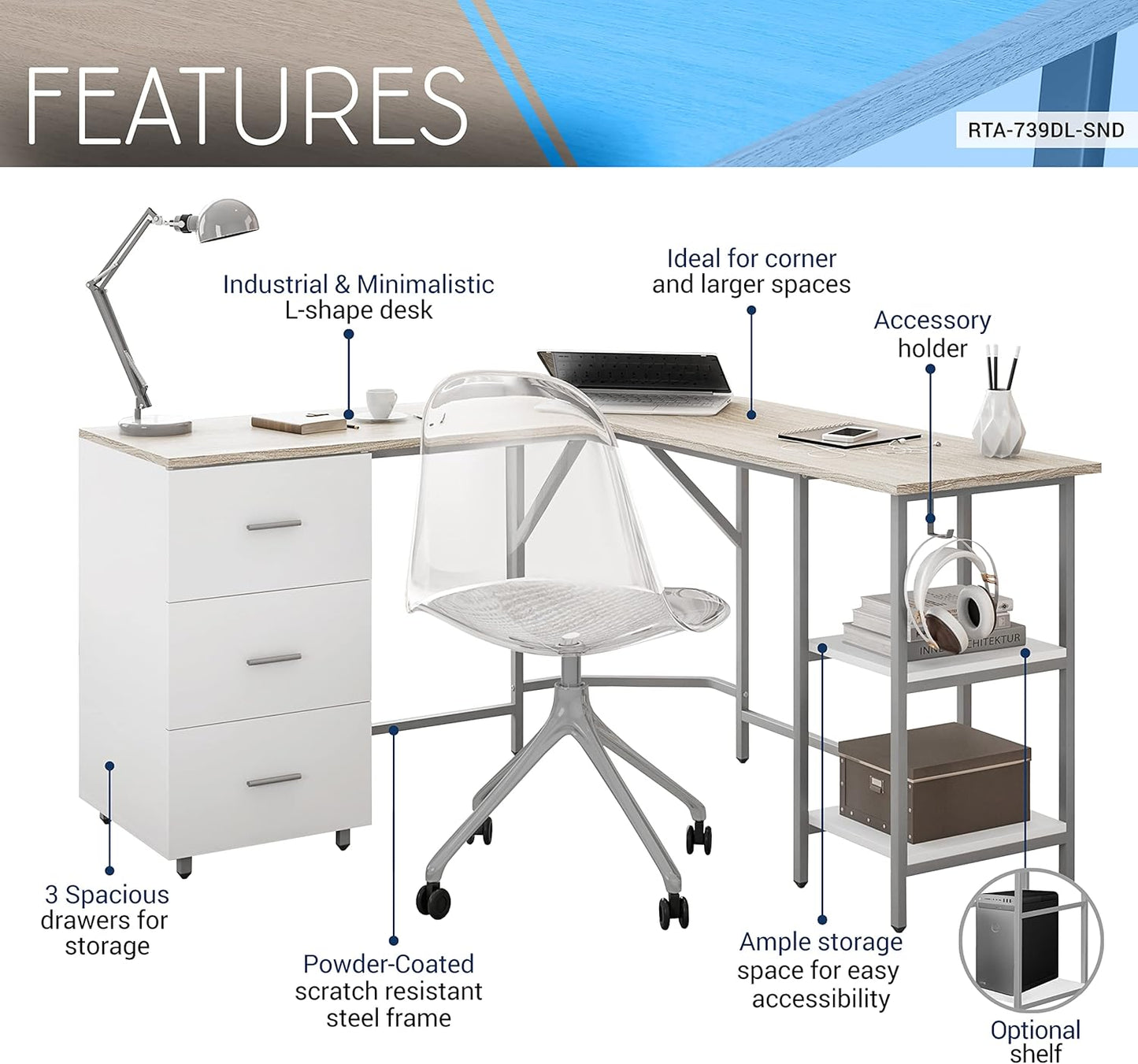 Techni Mobili L Shaped Desk - Two-Toned Computer Desk with Drawers & Storage Shelves - Simple Modern Furniture & Home Office Space Corner Table for Work & Writing
