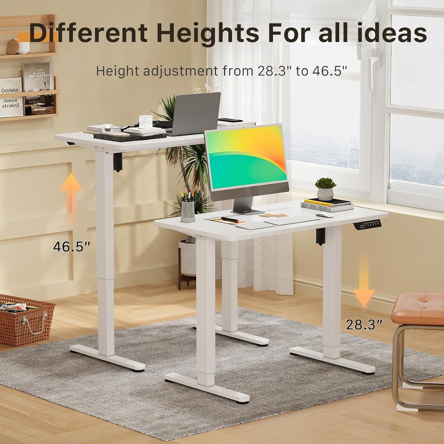 JOY worker Small Electric Standing Desk, 35" x 20" Whole Piece Height Adjustable Desk with Memory Controller, White Sit to Stand Desk Workstation for Home Office