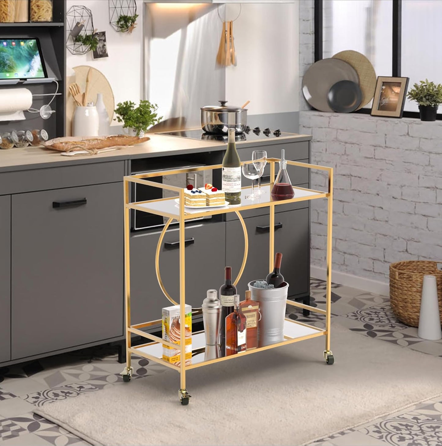 RiteSune Gold Bar Cart, Modern Wine Cart with Wheels, Home Bar Serving Carts with 2 Tier Mirrored Shelves, Wine Bar Carts for The Home, Dining Room, Kitchen