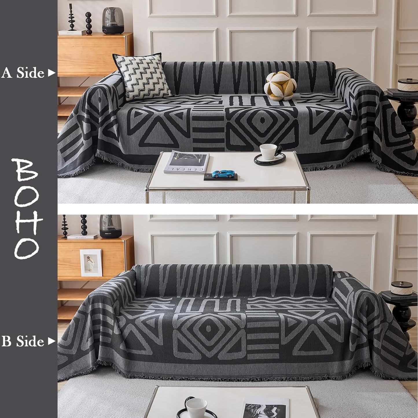 HANDONTIME Boho Geometric Couch Covers for Sofa Pet Friendly Dark Grey and Black Sofa Covers Washable Chenille Couch Blanket Cover for 2 Cushion Couches Pet Protector Furniture Cover Soft, 71" X 118"