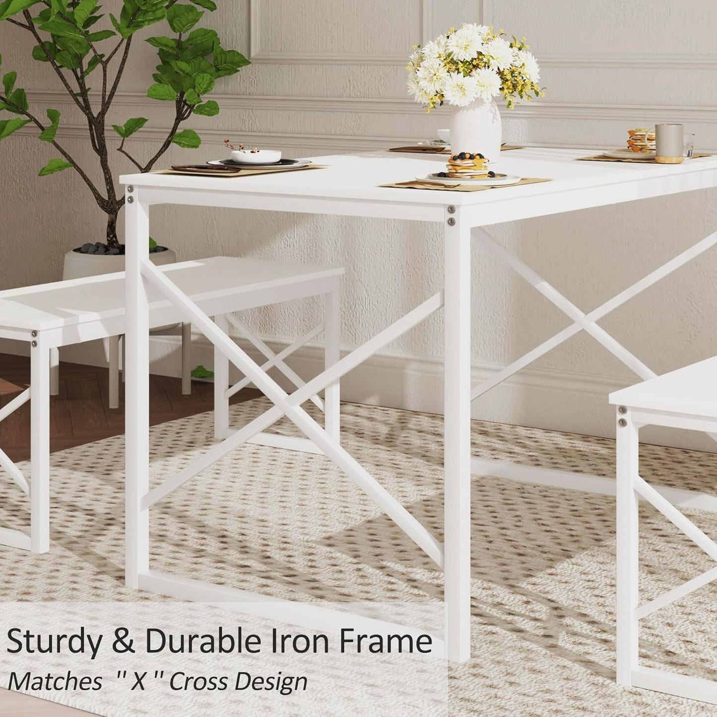VECELO Dining Table with 2 Benches for 4, 43.3'' Wood Kitchen Room Dinette Sets with Metal Frame for Breakfast Nook and Small Space, White