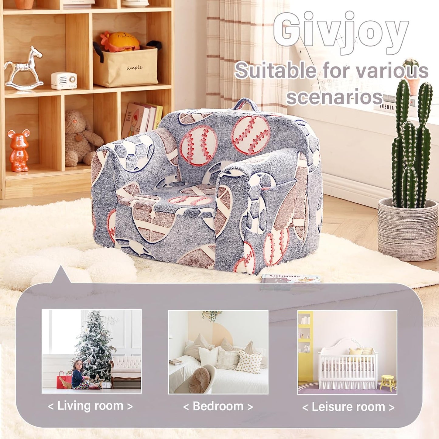 Toddler Chair Plush Kids Couch, Comfy Kids Sofa Toddler Lounger Chair for Bedroom, Convertible Toddler Couch for Girls and Boys, Reading Chair for Kids