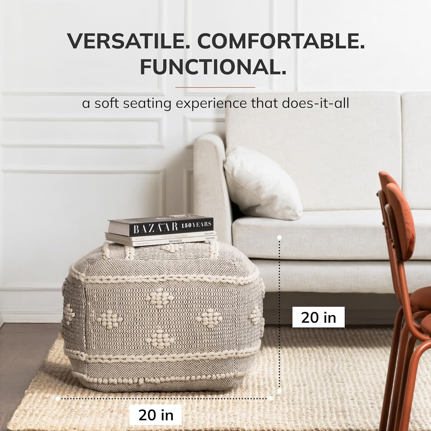 Anji Mountain 100% Handmade & Handcrafted Comfortable Home Décor Pouf Ottoman Footrest for Living Room, Bedroom, Nursery, Kidsroom, Patio Furniture - (20" x 20" x 20"- Black,Ivory)