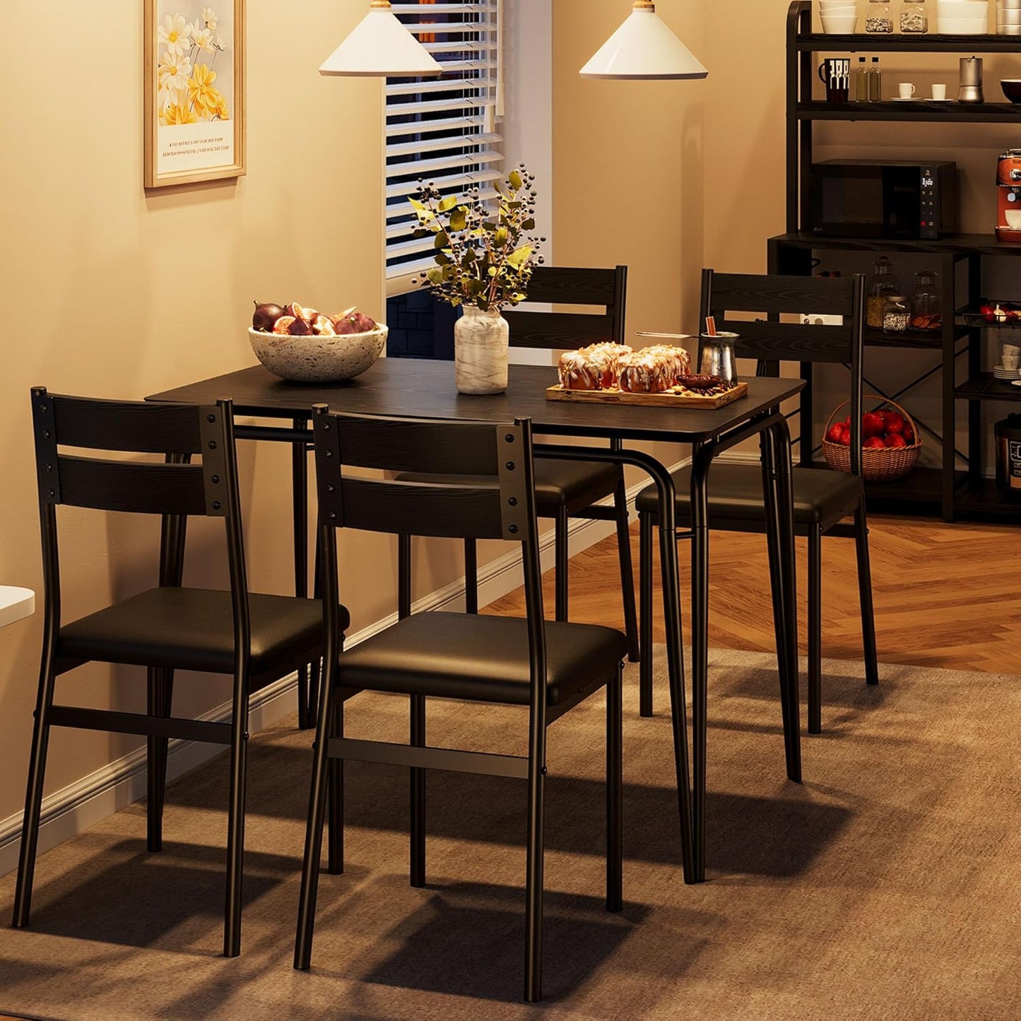 Dining Table for 4, Small Table and Chairs Set of 4, Square Dinette Set for 4, 5 Piece Kitchen & Dining Room Sets for Small Space (Black, Table with 4 Upholstered Chairs)