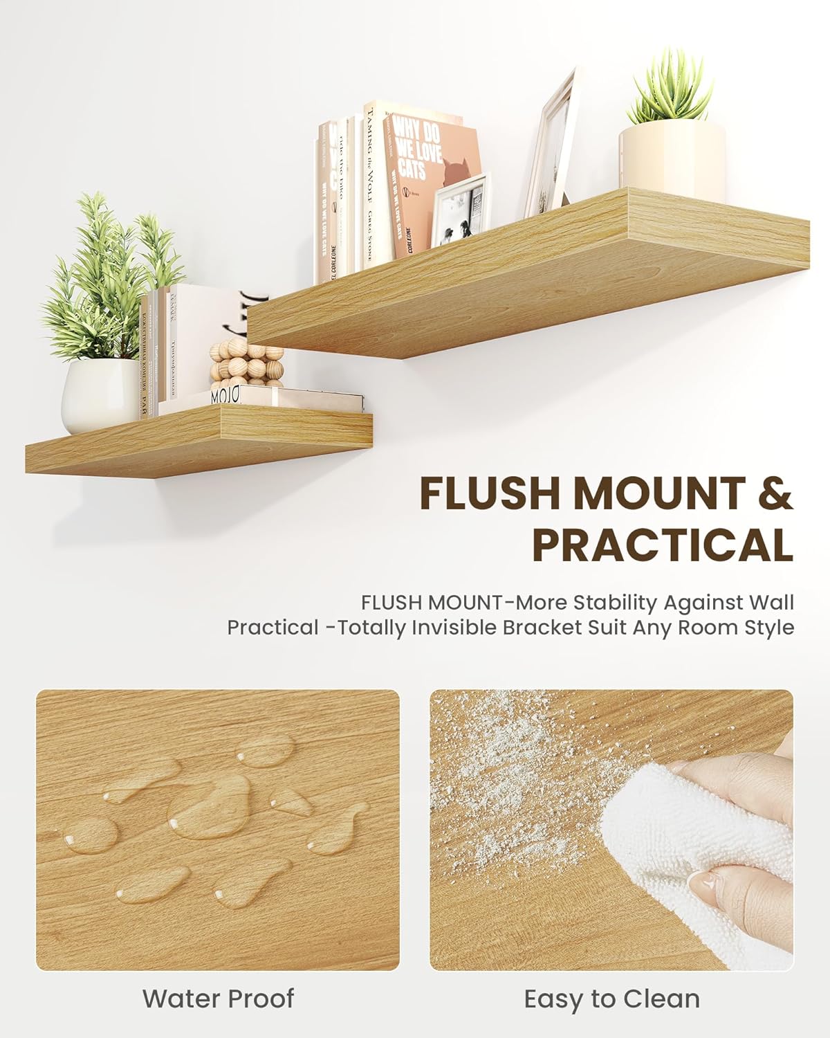 Marsmiles 16" Floating Shelves for Wall, Wooden Shelves with Invisible Brackets Set of 2, Rustic Farmhouse Wall Mounted Shelf for Kitchen Bathroom Living Room Study, Natural Oak