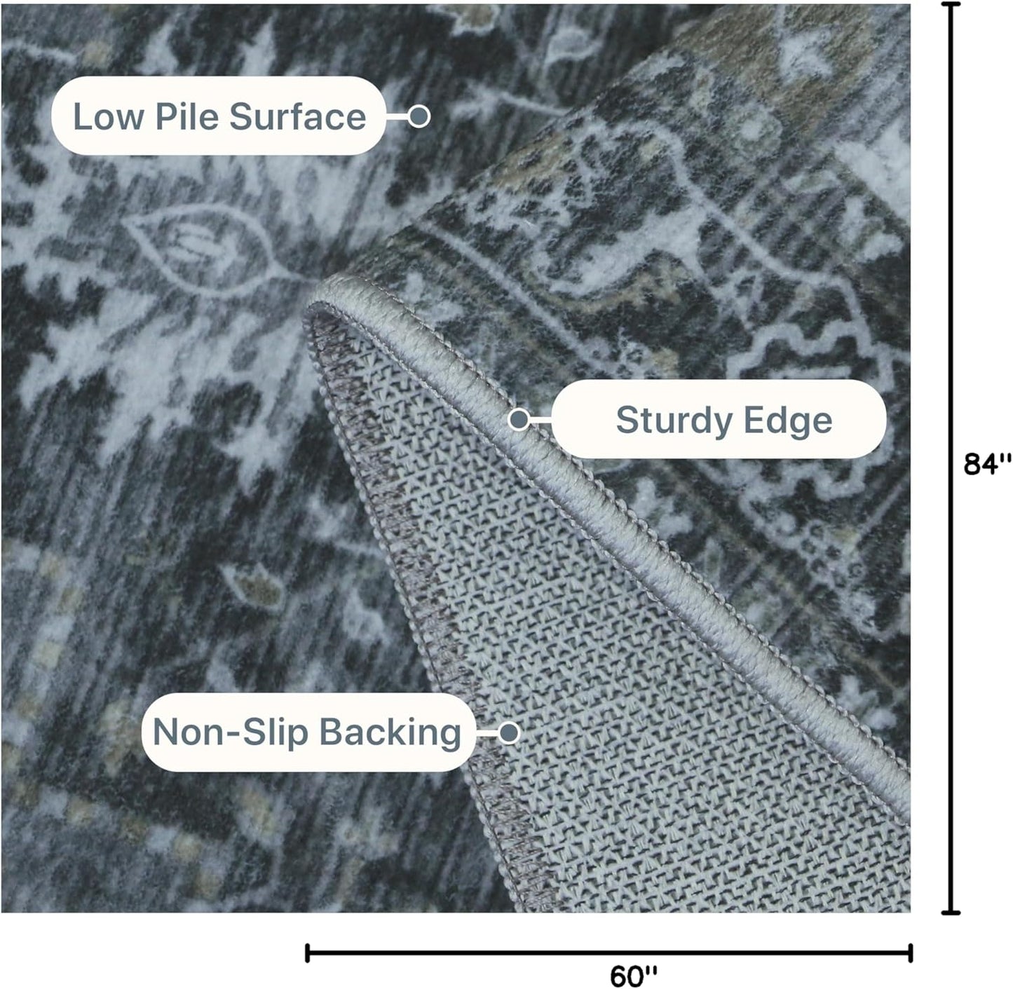 GENIMO 5x7 Area Rugs for Living Room, Machine Washable Non Slip Vintage Rugs, Low Pile Lightweight Chenille Print Rug for Bedroom, Dining Room, Home Office,Dark Gray