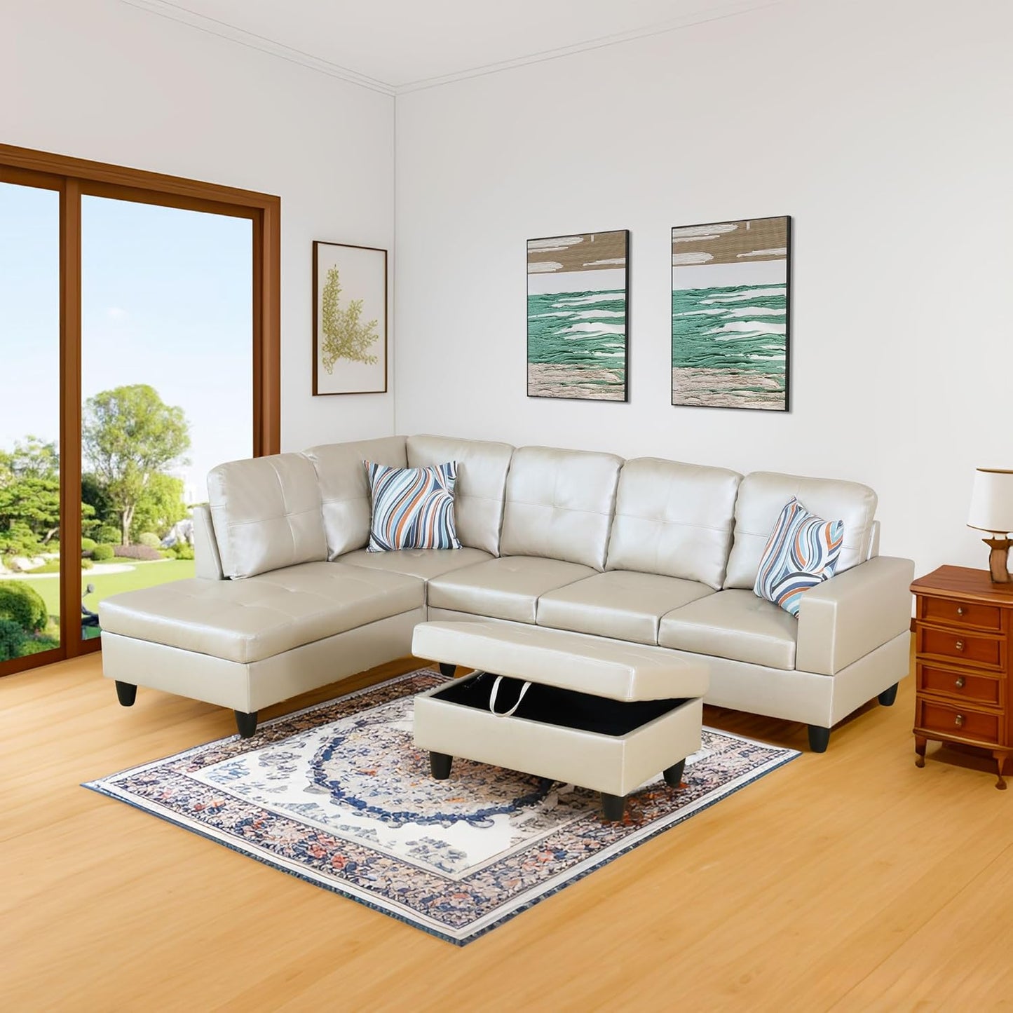 L-Shaped Sectional Sofa with Ottoman, Right-Facing Leather Modern Couch with Cup Holder for Living Room, Bedroom, Office, Glistening White