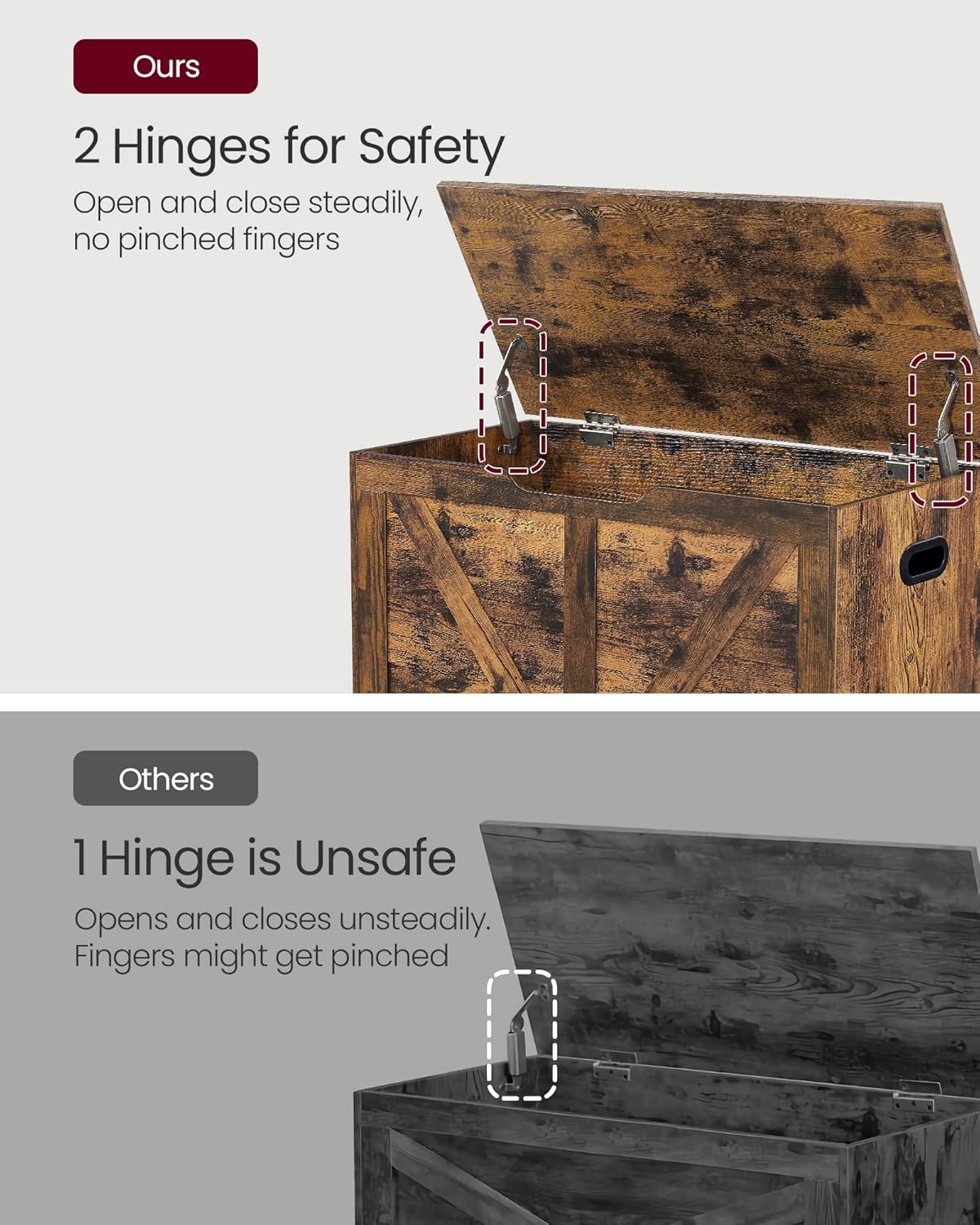 VASAGLE Storage Chest, Storage Trunk with 2 Safety Hinges, Storage Bench, Shoe Bench, Farmhouse Style, 15.7 x 31.5 x 18.1 Inches, for Entryway, Bedroom, Living Room, Rustic Brown ULSB062T01