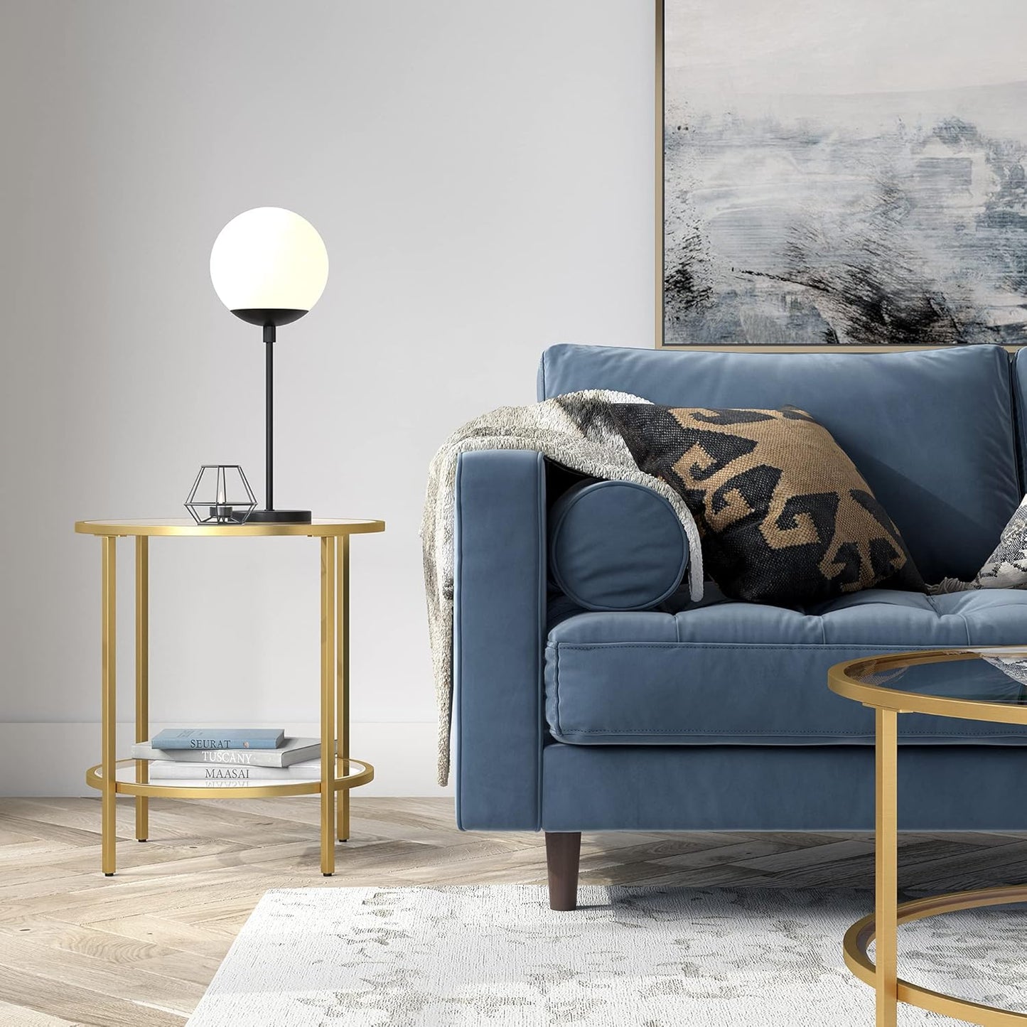Henn&Hart 20" Wide Round Side Table with Glass Shelf in Brass, Table for Living Room, Bedroom