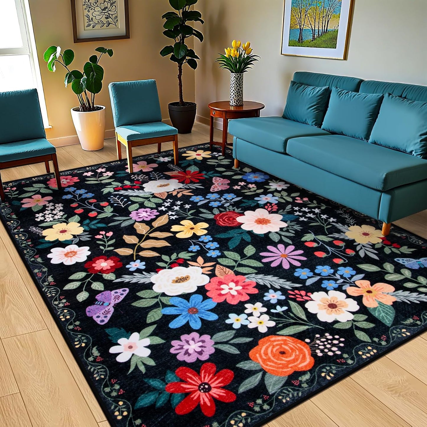 10x14 Area Rugs for Living Room: Floral Washable Rug Vintage Large Soft Boho Non-Slip Carpet Stain Resistant Low Pile Carpets for Bedroom Dining Room Farmhouse Nursery Hallway Home Office Black