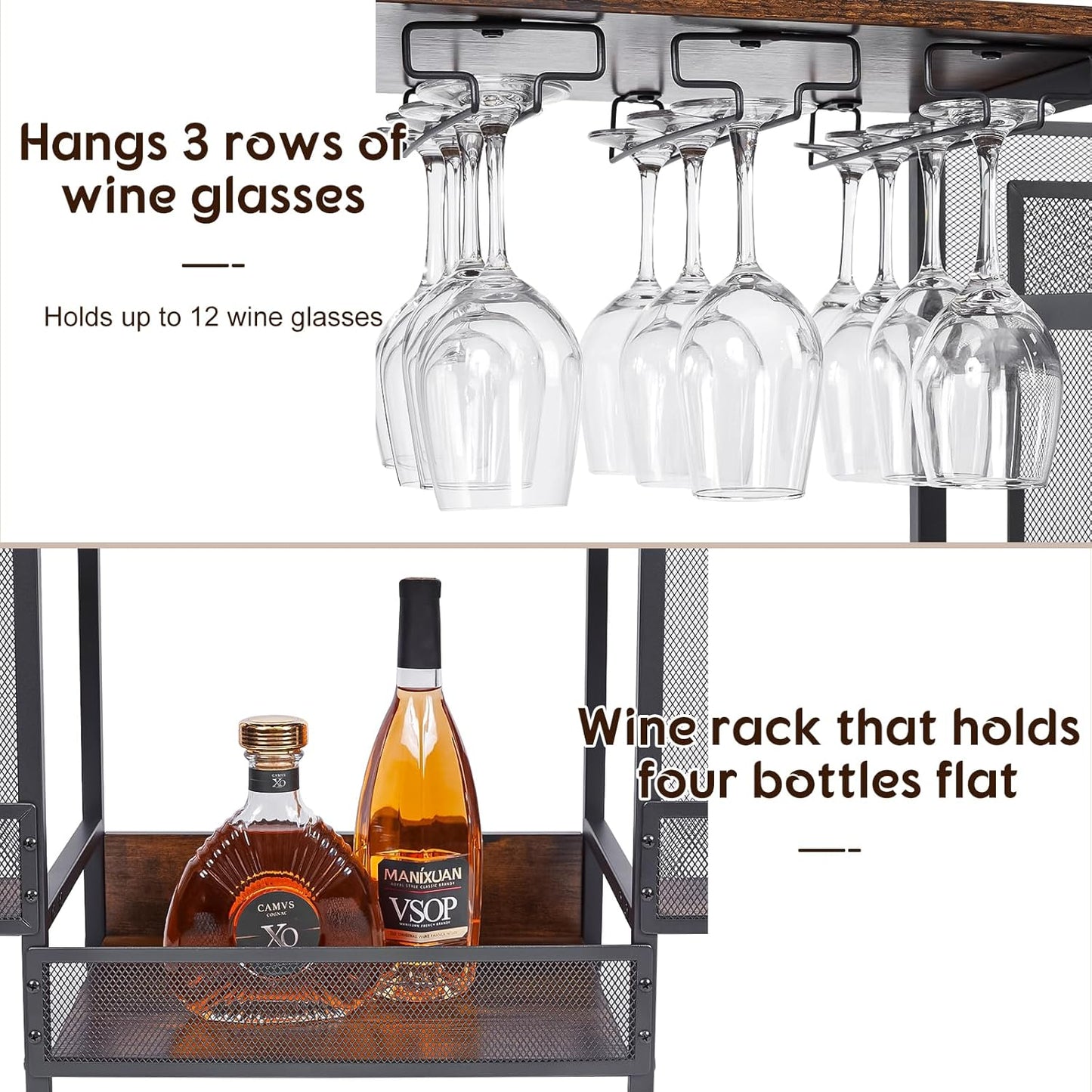 Versatile Bar Stand with Glass Holder, Wine Rack Freestanding Floor, Liquor Cabinet for Liquor Whiskey Wine, 6-Tier Stepped Bar Cabinet with Fences, Vintage Brown（Patent Pending）