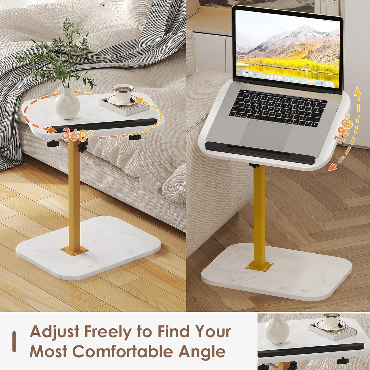 Sofa Couch Arm Table Tv Tray Small Bed Stand C Shaped Side End Tables for Living Room, Bedroom, Marble