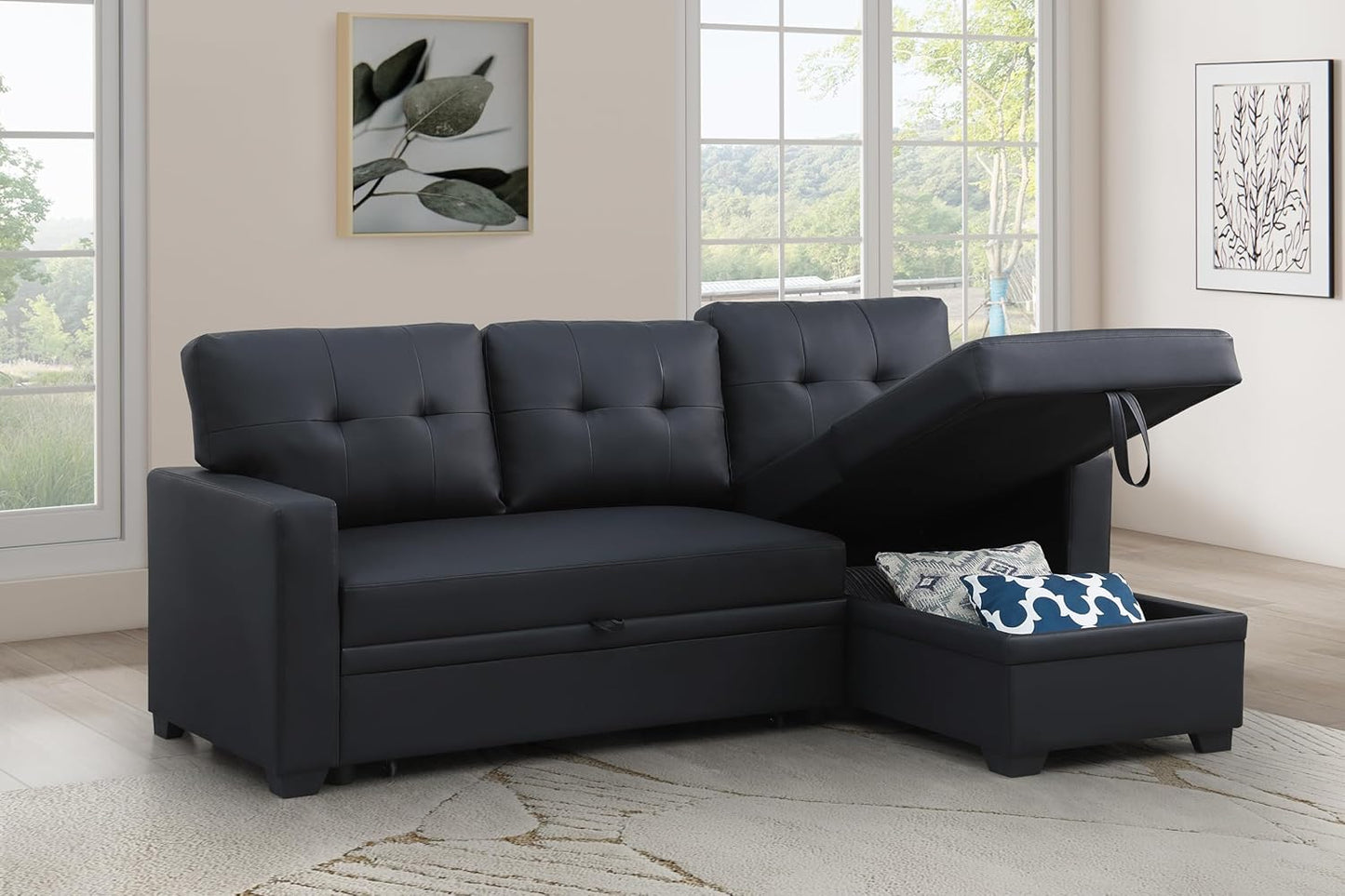 Devion Furniture Garisa 4-in-1 Convertible L Shaped Couch with Pull Out Bed and Storage, Sectional Sleeper Sofa with Reversible Chaise for Living Room, Apartment, Bedroom, Office