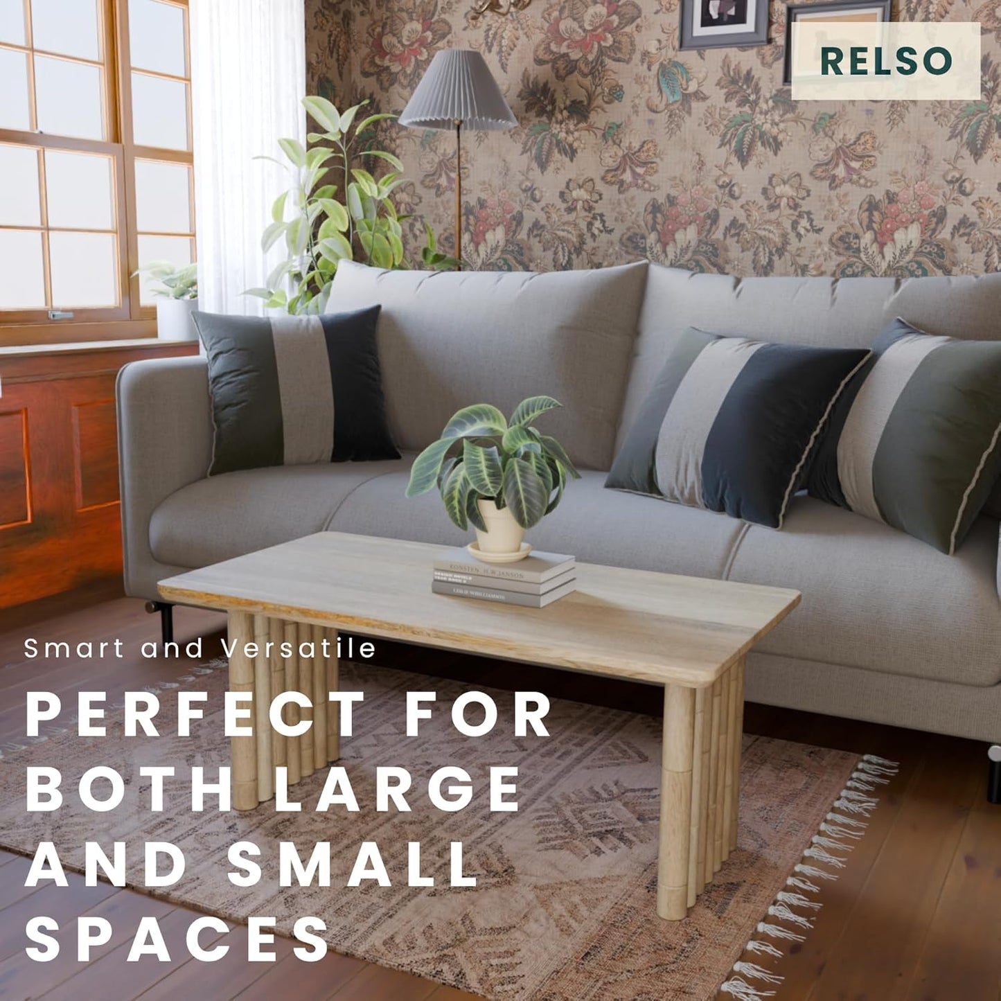 Bambos Coffee Table | Sold Mango Wood Center Table with Natural Finish | Handcrafted Accent for Living Room, Modern Decor, Apartment or Office | Bamboo Inspired Legs, Easy Assembly, Durable, Compact