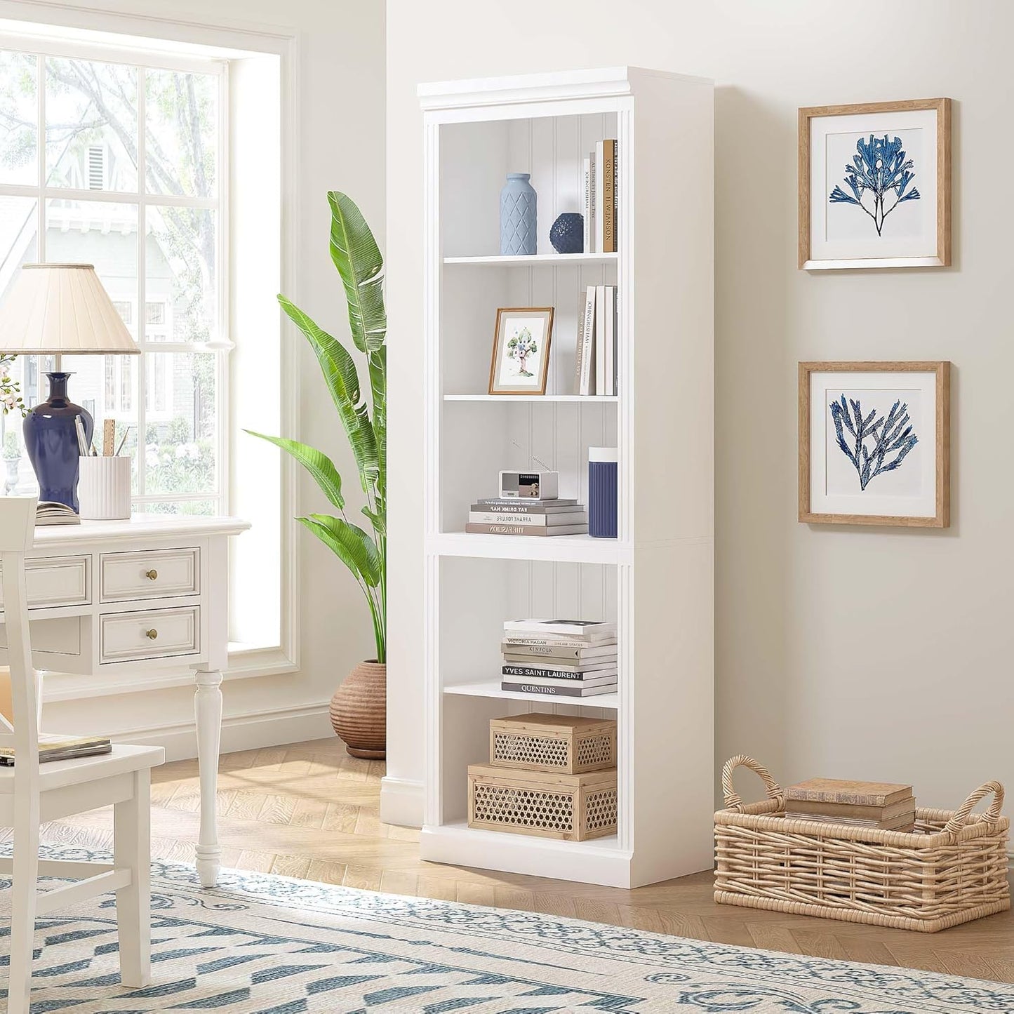 Spirich 5 Tier White Bookshelf, Tall Bookshelf with Storage, Open Wooden Book Shelf, Modern Large Bookcase for Living Room, Home Office, Dinning Room