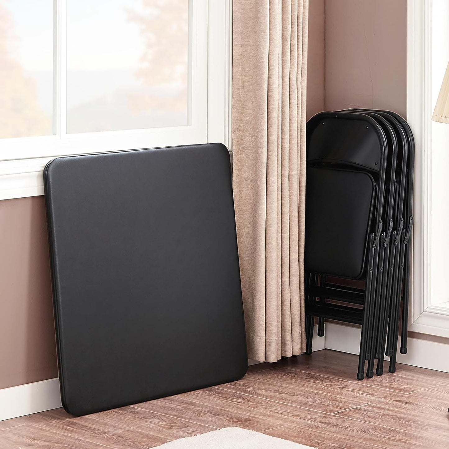 VECELO Folding Card Table and Chair Set of 5 Portable with Padded Tabletop, No Assembly Required, Black