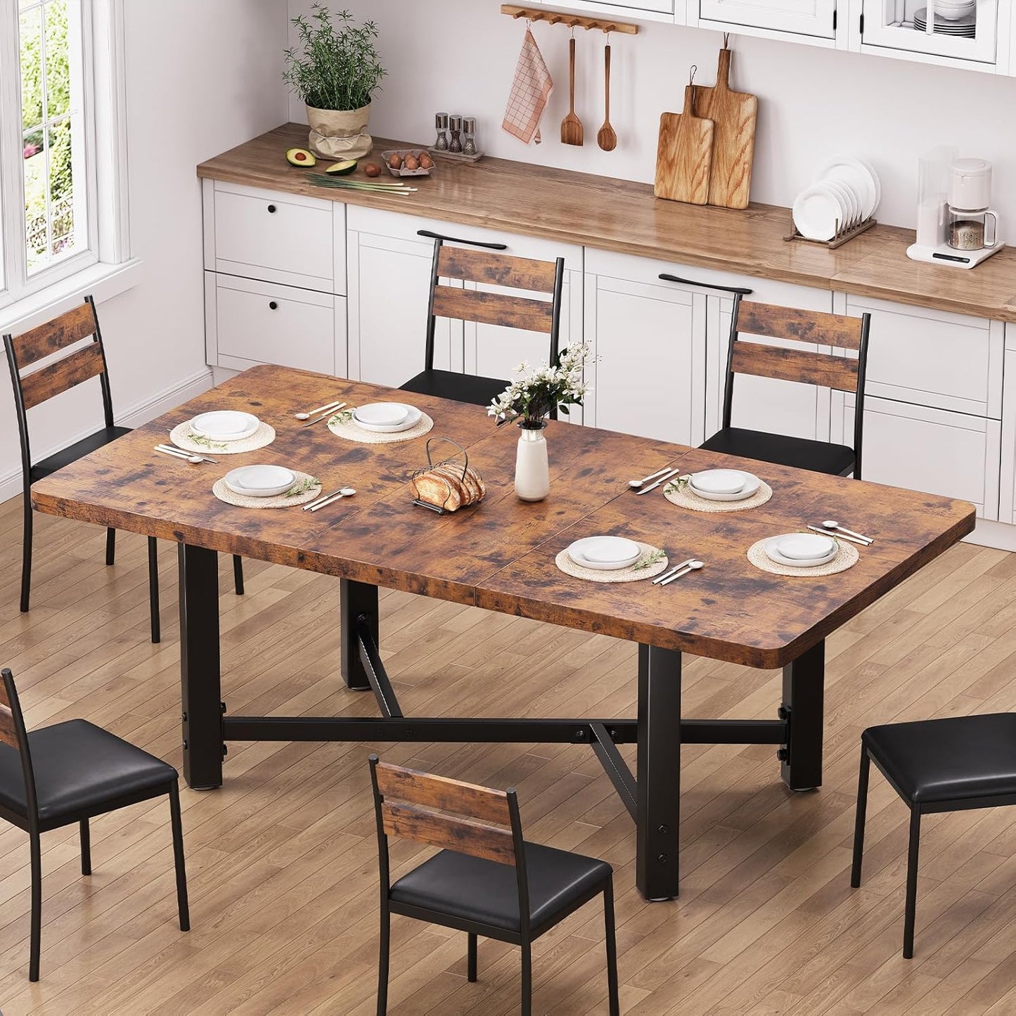 Dining Table for 4-6,62“Extendable Round Kitchen Dining Room Table, Space Saving Rectangle Large Expandable Wood Dinner Furniture for Small Space, Brwon（47-62In*28In*30In