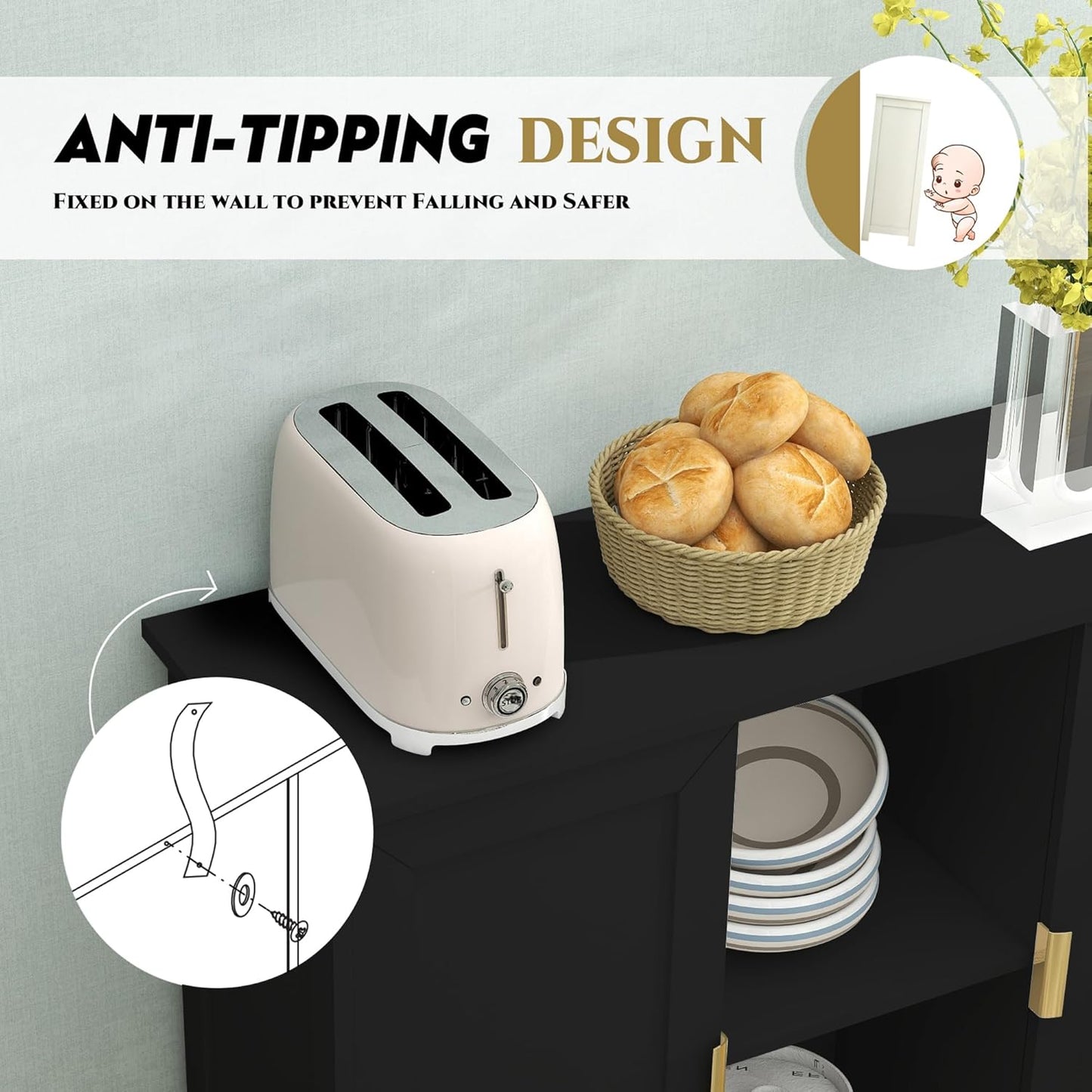 TaoHFE Black Buffet Cabinet,Modern Narrow Sideboard Buffet Cabinet Wooden Side Table with Storage,Black Accent Cabinets for Living Room