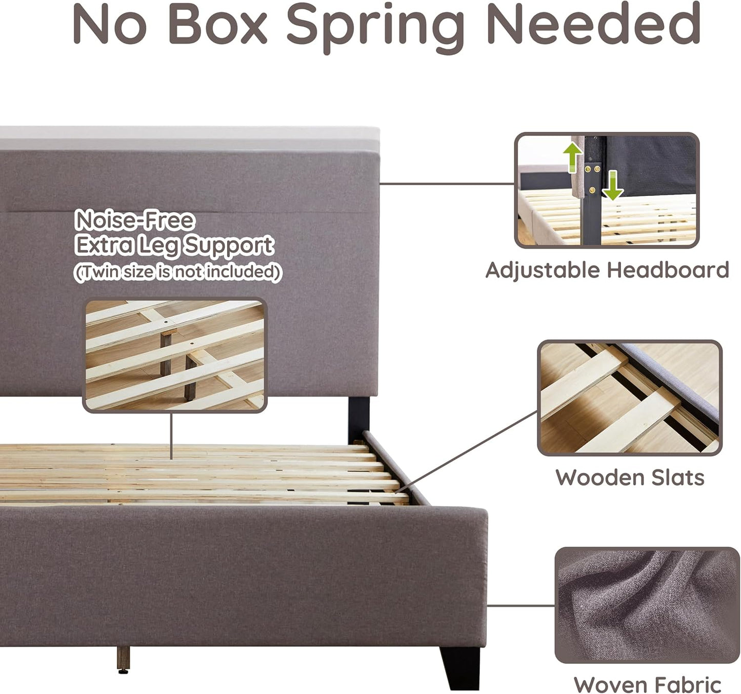 Livinia Amelia Twin Size Platform Bed, Fabric Upholstered Twin Bed Frame with Height Adjustable Headboard Footboard, Strong Wood Slats, No Box Spring Needed, Brown